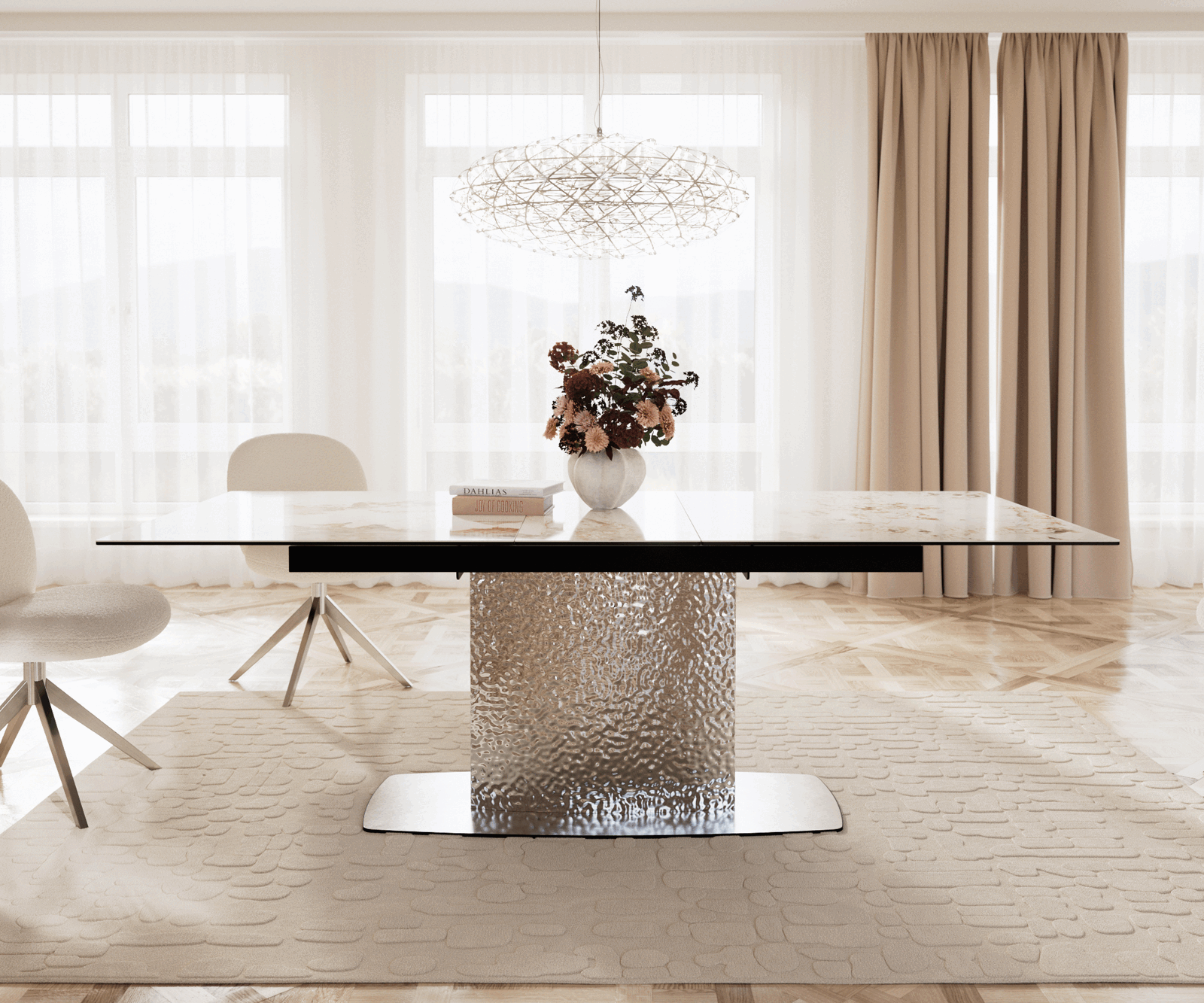 Table à manger Edge 180-220x100 céramique Minas mélange blanc-beige Wave acier inoxydable extensible 1