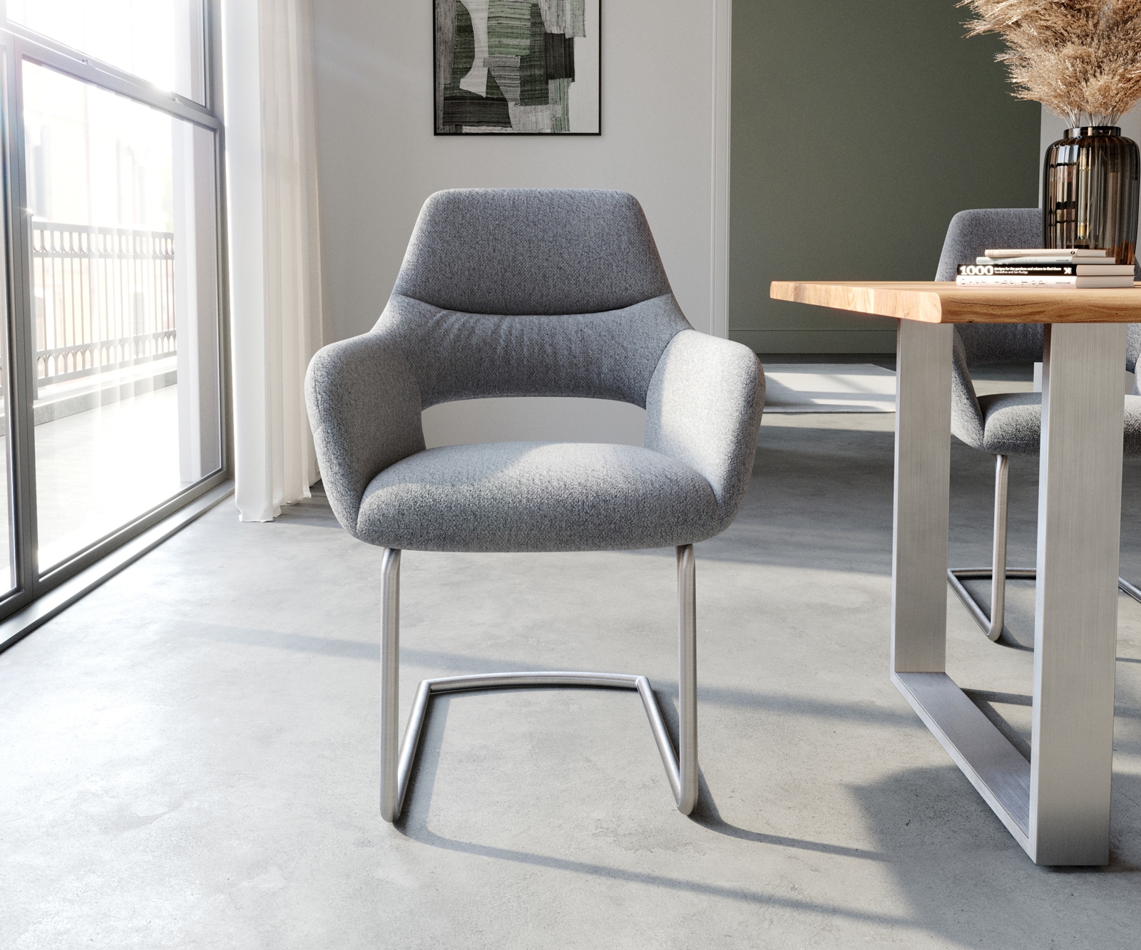 Cantilever Yago-Flex avec accoudoirs tissu texturé gris clair pied cantilever rond acier inoxydable brossé ressorts ensachés 1 Cantilever Yago-Flex avec accoudoirs tissu texturé gris clair pied cantilever rond acier inoxydable brossé ressorts ensachés 1