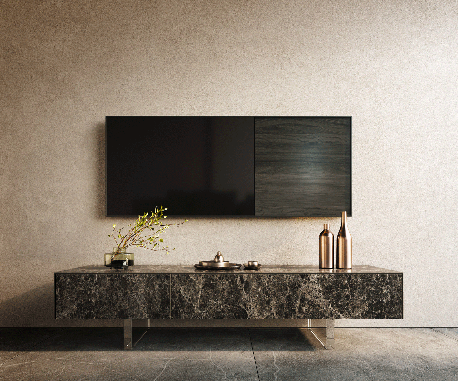 Meuble-TV Cuor 150 cm Céramique Laminam® Emperador Extra Lucidato brun foncé 1 Clapet 1 Tiroir Pied optique flottant Verre acrylique 1