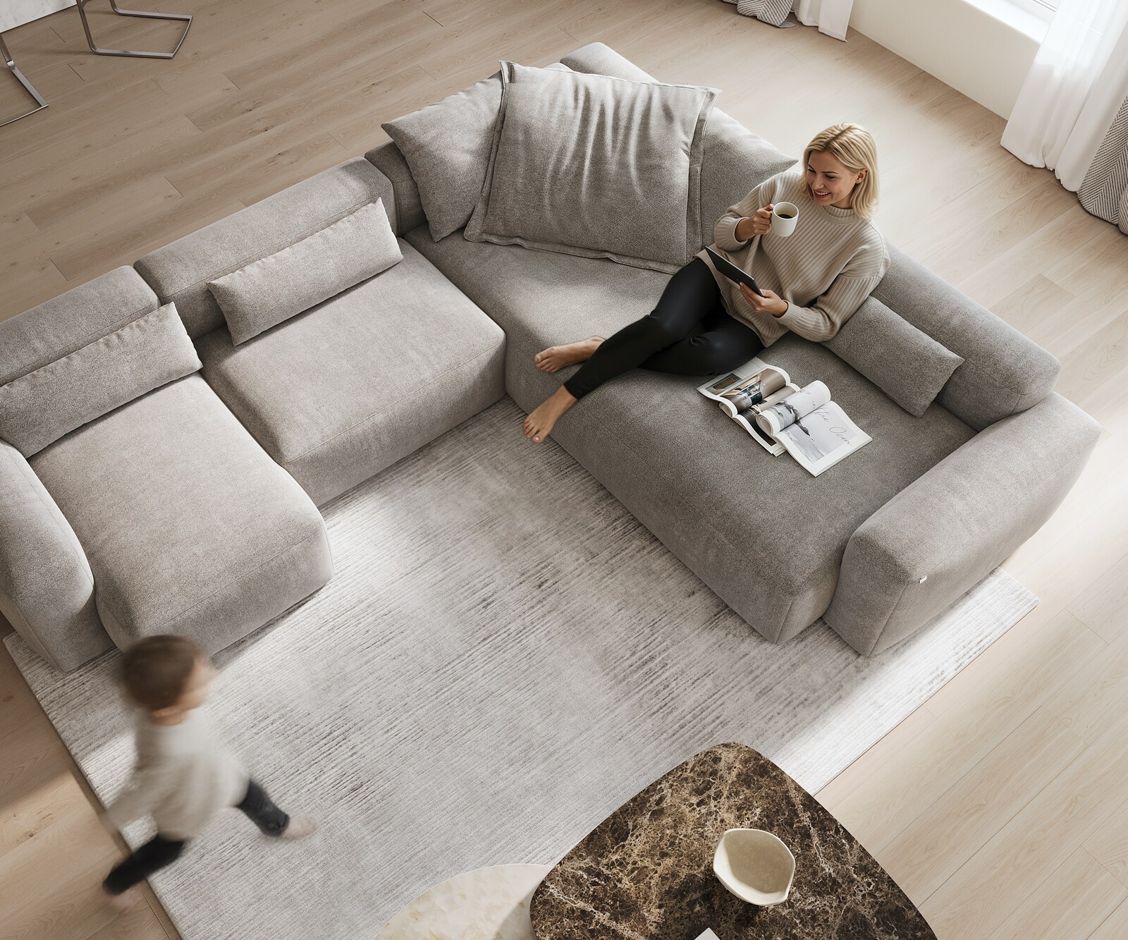 Canapé panoramique Freestyle 360x290 cm Tissu structuré doux Gris couture plate 3