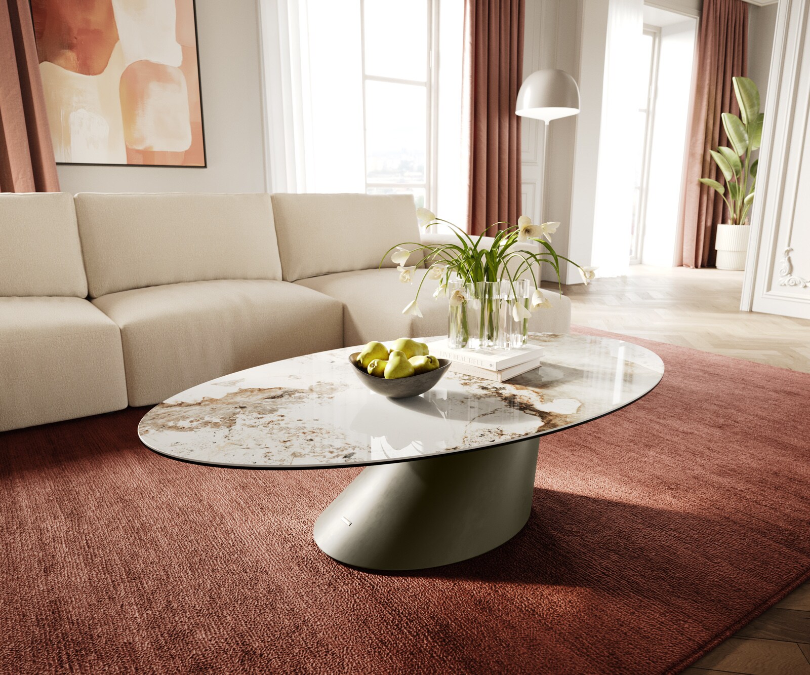 Table basse Edge Oval 140x80 cm céramique Minas Melange Conis Metall finition effet titane 1