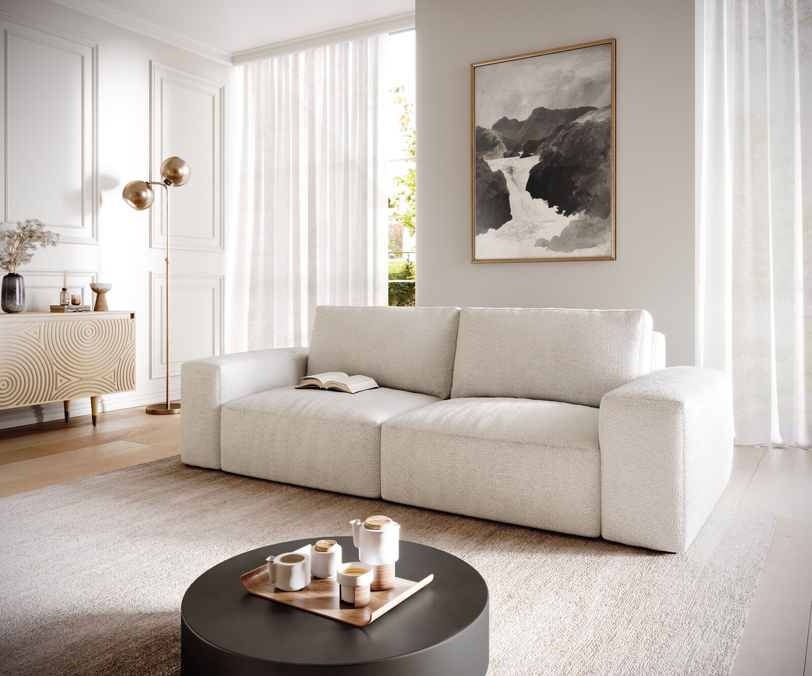 Big canapé Lanzo 230x95 cm bouclé blanc crème