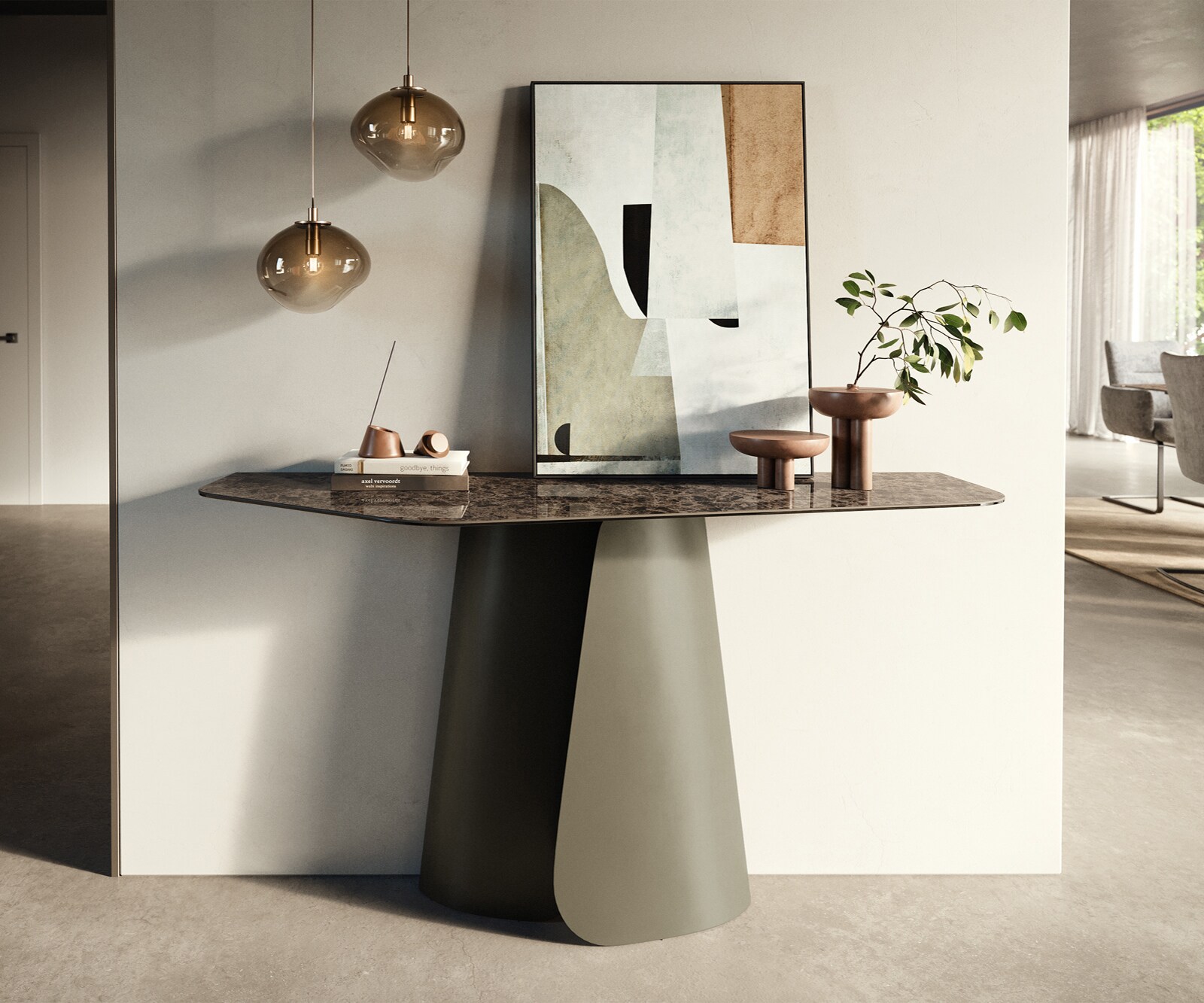Console Edge Polygonal 140x50 cm Céramique Emperador Extra Lucidato Dunkelbraun Livos Métal Effektfinish Titan