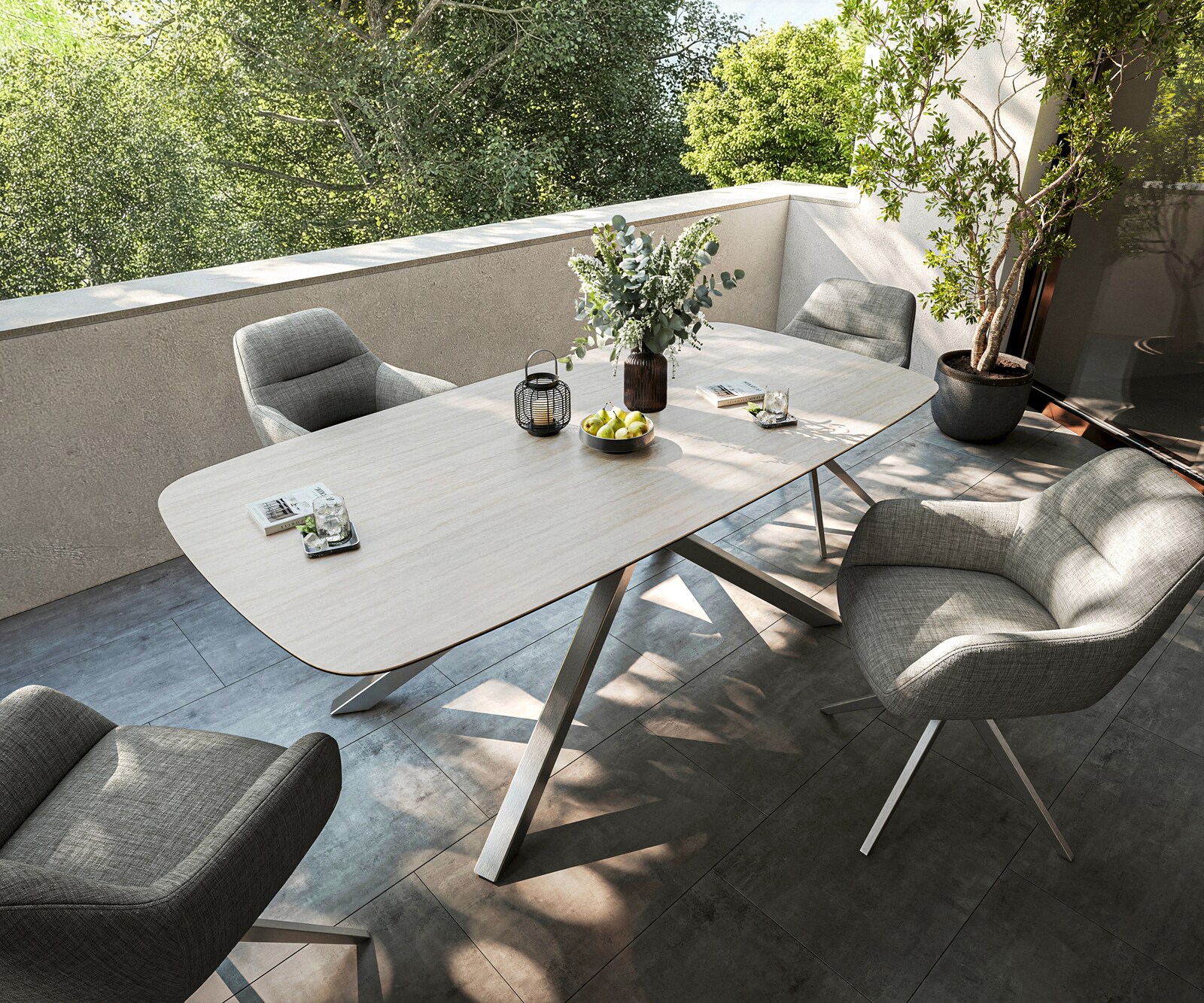 Table d’extérieur Edge Boot 200x100 cm céramique Laminam® Travertino Bianco blanc crème piètement croisé rectangulaire en acier inoxydable 3