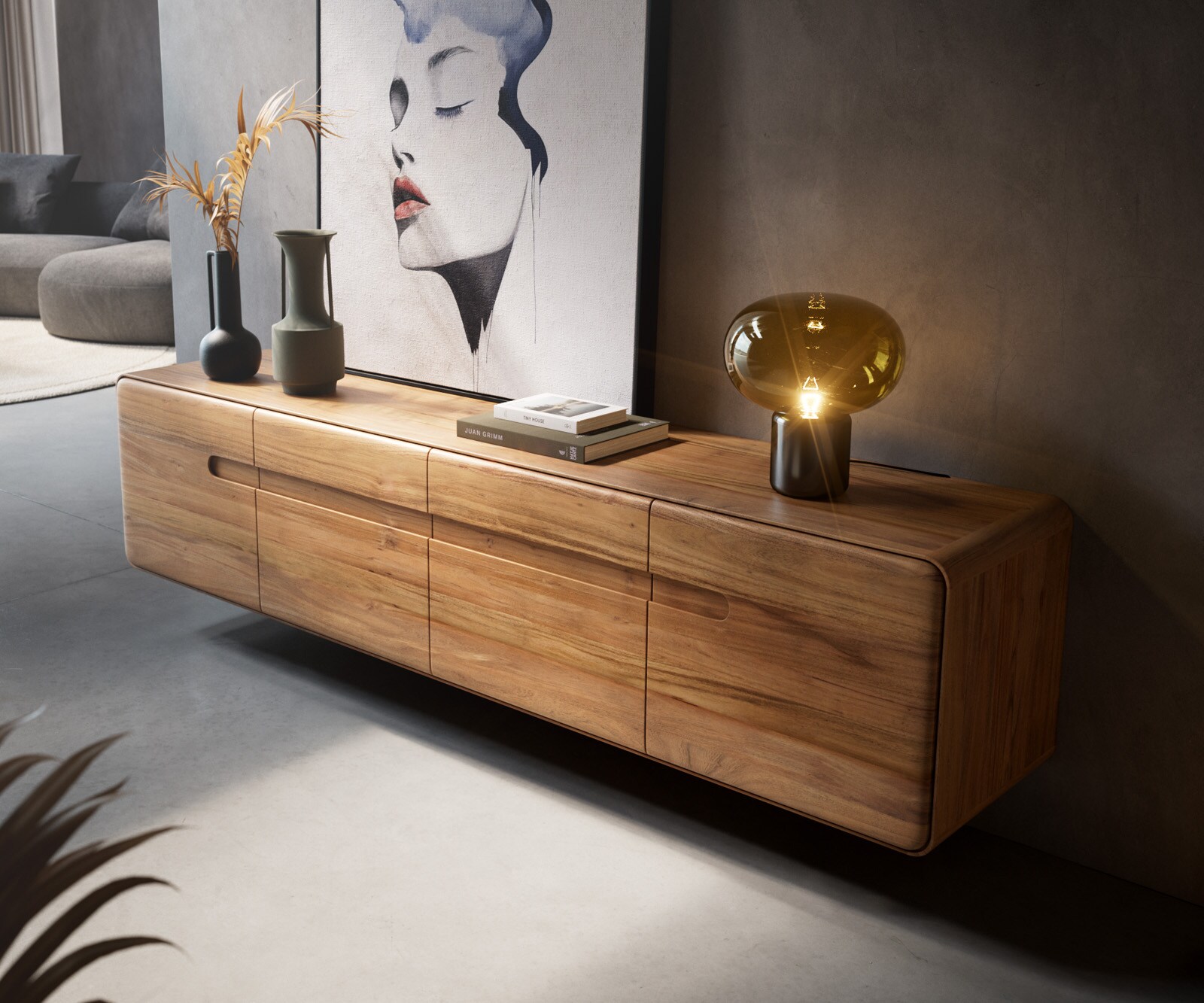 Meuble-TV Anaya 200 cm acacia naturel 4 portes suspendues 3