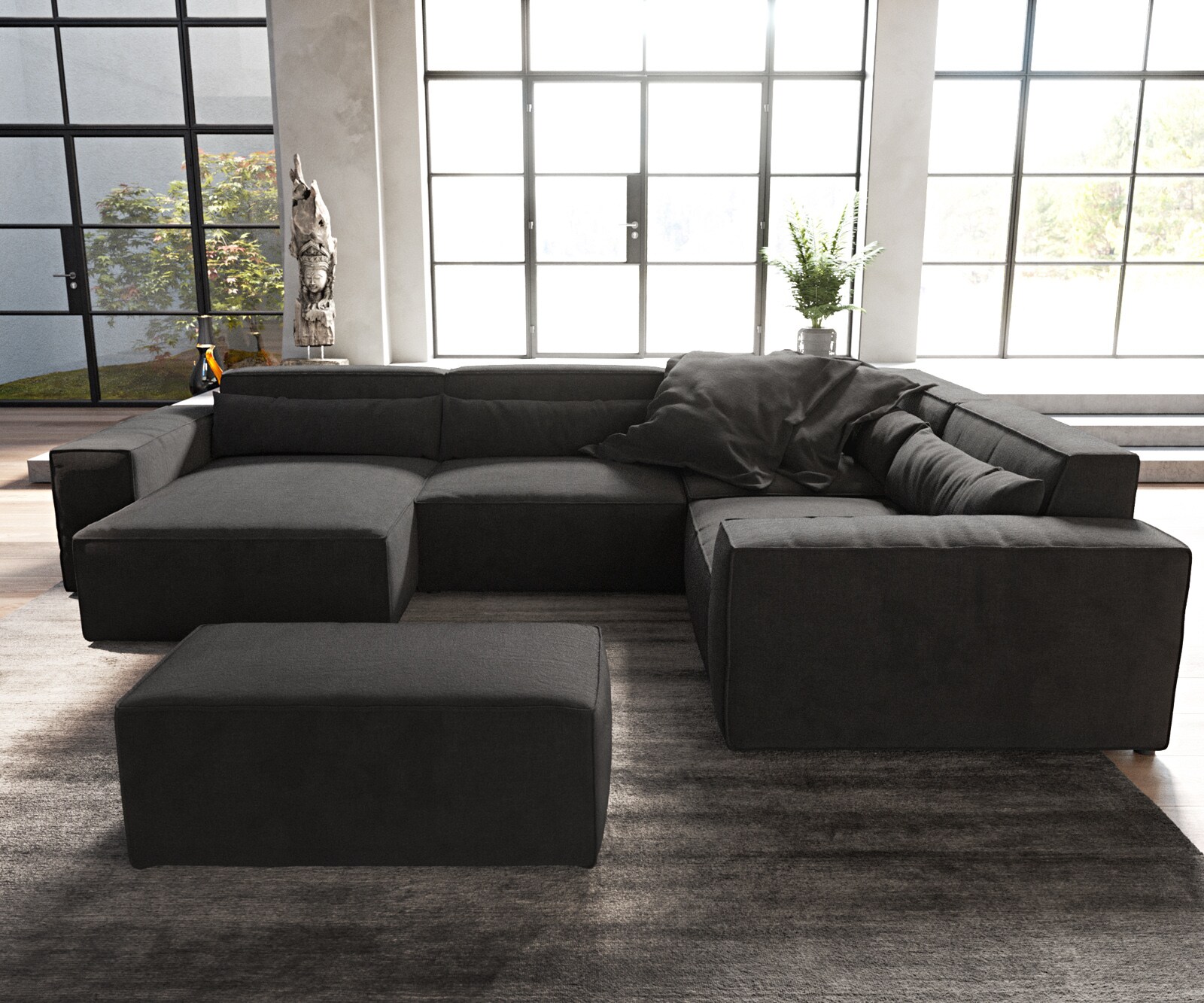 Canapé panoramique Sirpio 300x210 cm Microfibre Noir Recamiere variable avec Tabouret 1