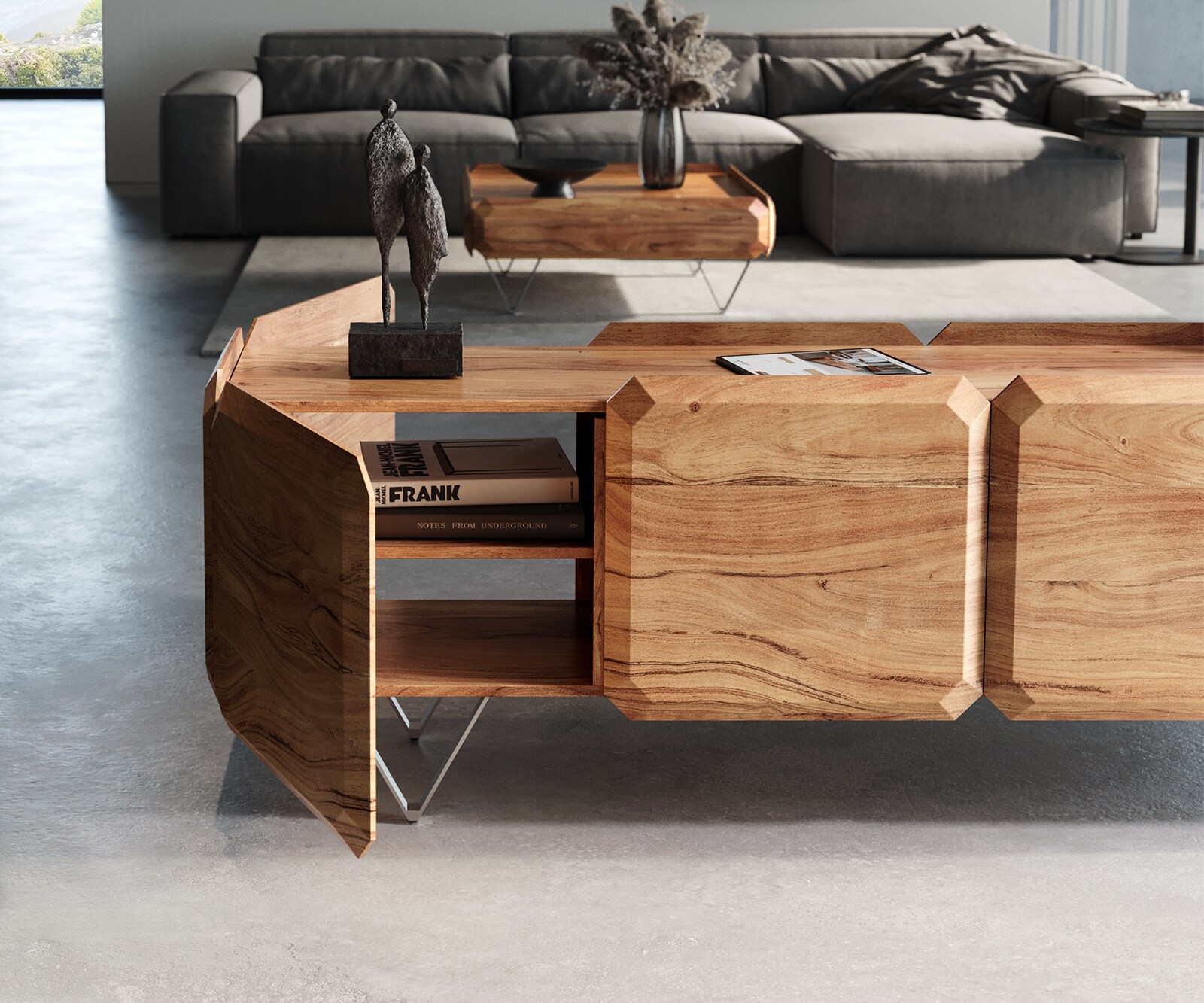 Meuble-bas Kiano 200 cm Acacia Nature 4 Portes Pied en V Acier inoxydable Séparateur de pièce 5