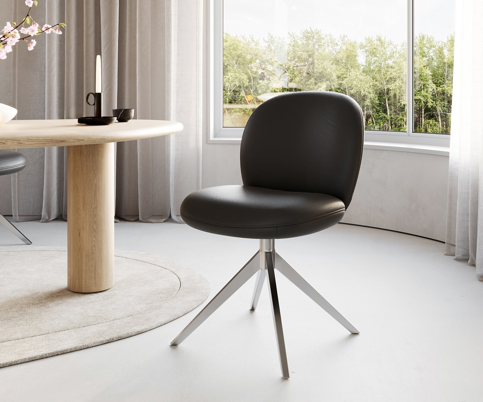 Chaise-pivotante Nube-Flex cuir de vache noir pied croisé large acier inoxydable brossé pivotement sur 360° ressorts ensachés