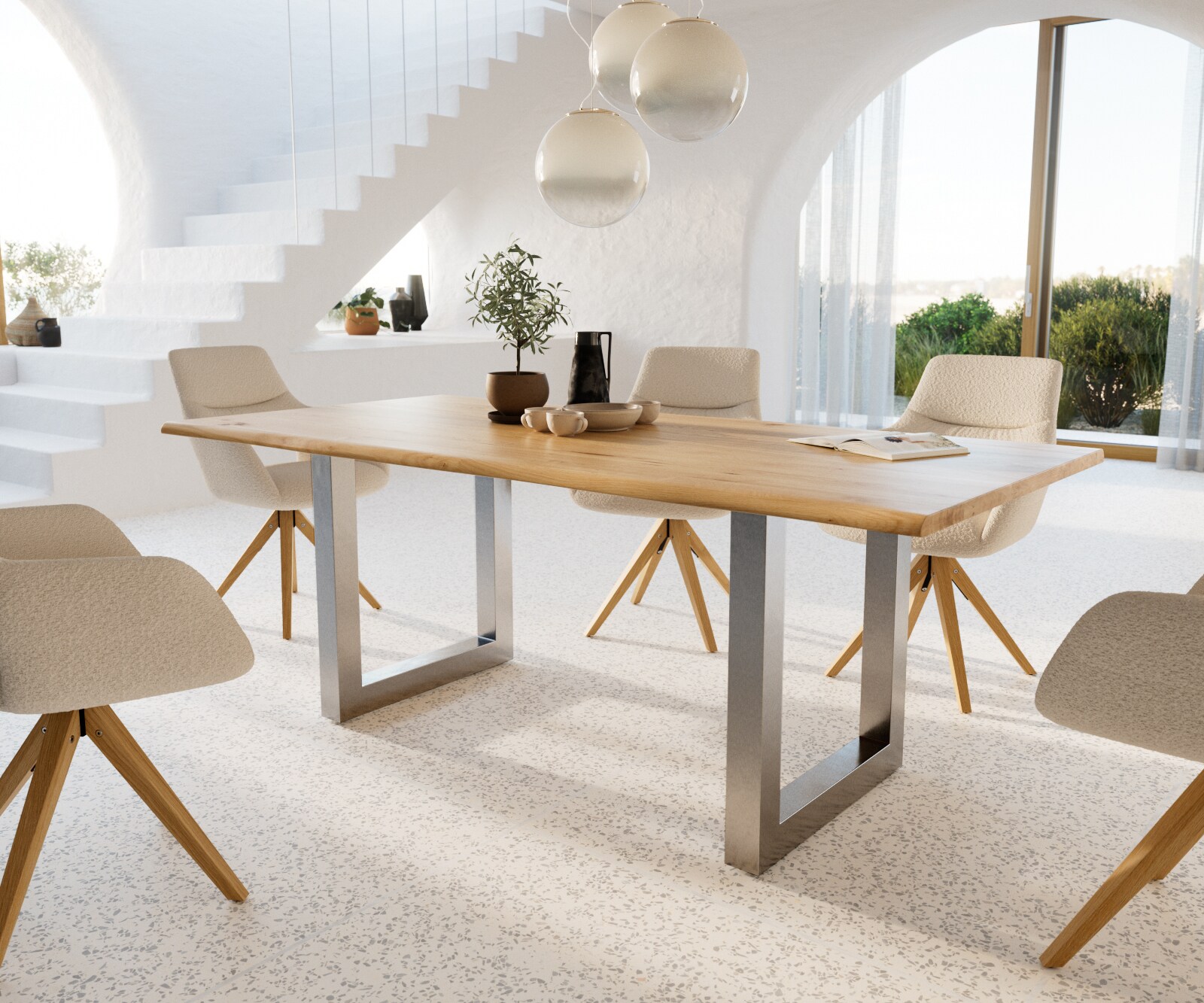 Table-à-manger Edge 200x100x2,5-3 chêne nature acier inoxydable large Live-Edge
