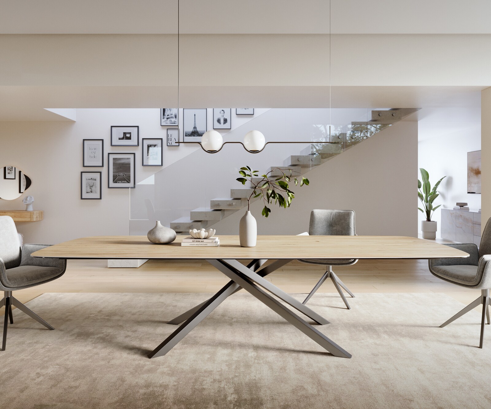 Table à manger Edge Boot 300x120 cm Céramique Laminam® Sabbia Eichefarbig piètement en croix Rectangle Acier inoxydable Graphite 2