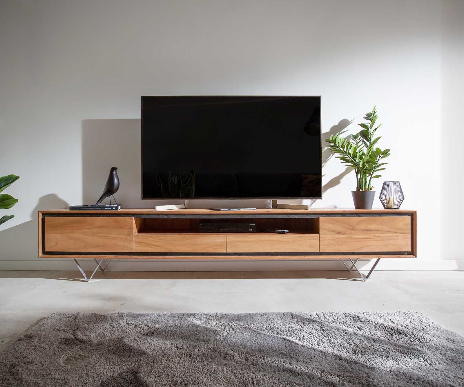 Meuble -TV Stonegrace 240 cm acacia nature 2 portes 1 compartiment 2 tiroirs placage en pierre pieds en V 1