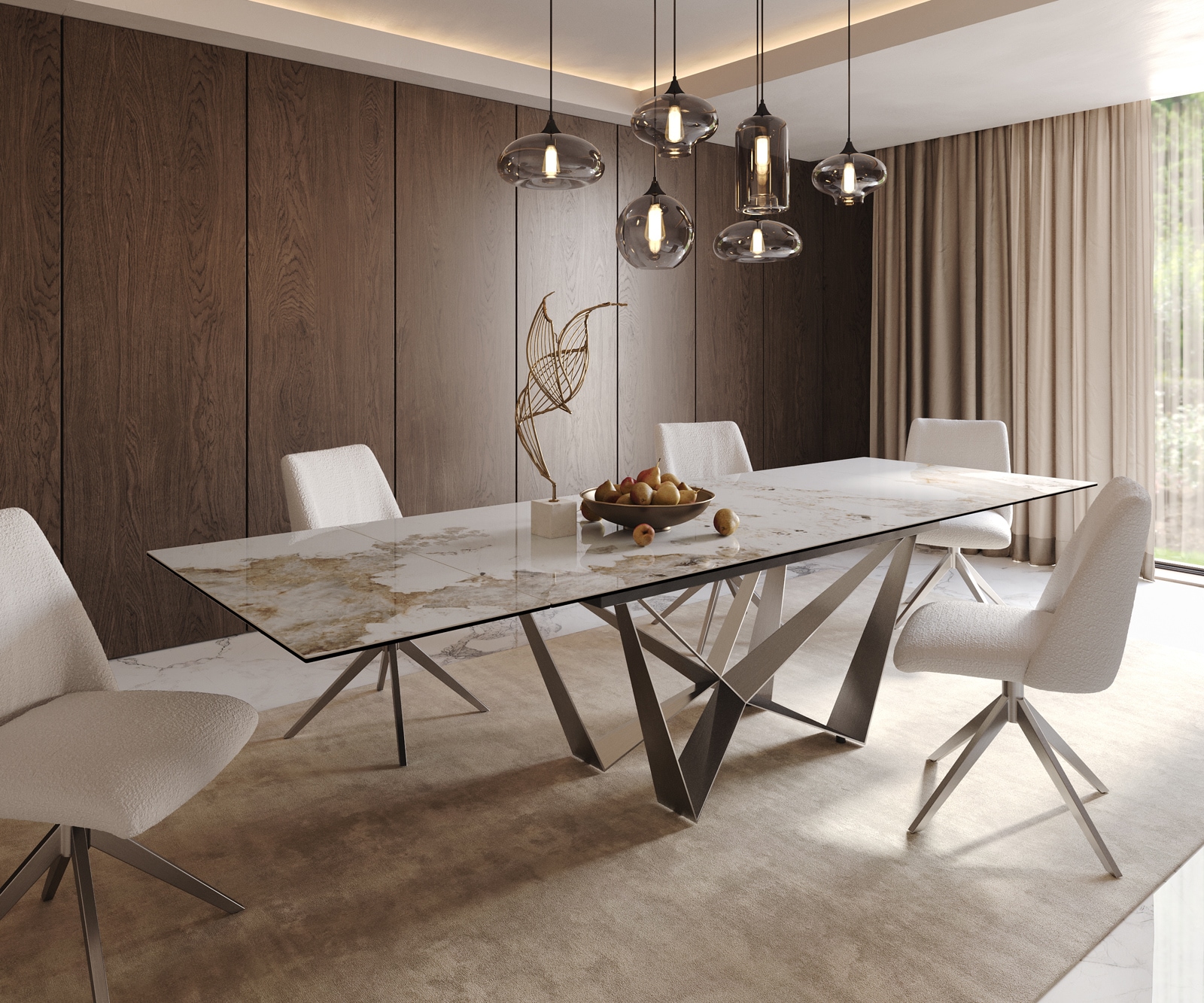 Table à manger Edge 200-300x100 céramique Minas mélange blanc-beige Spider acier plat acier inoxydable extensible 1