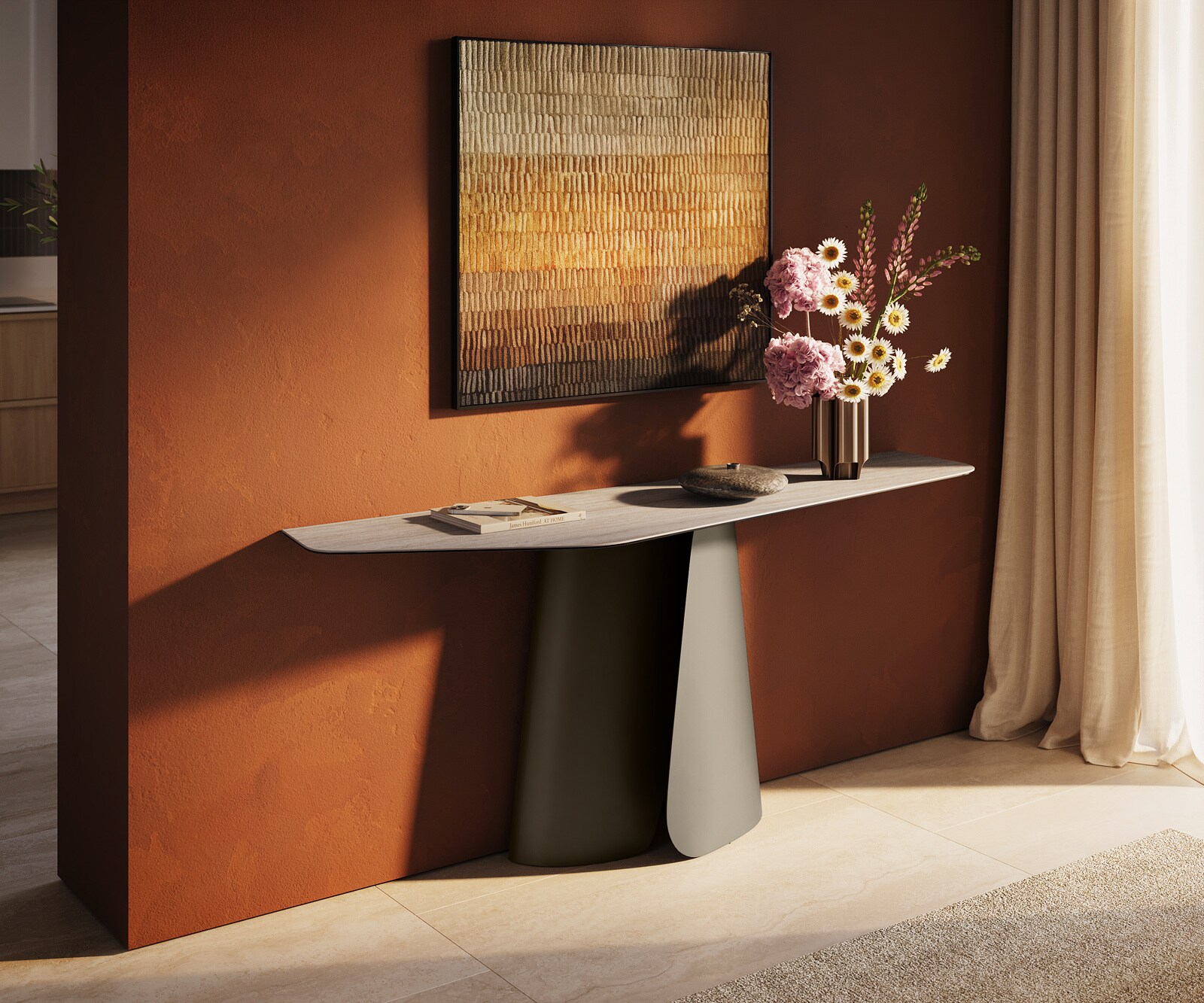 Console Edge Polygonal 180x50 cm Céramique Laminam® Travertino Bianco Creme-Weiß Livos Métal Effektfinish Titan