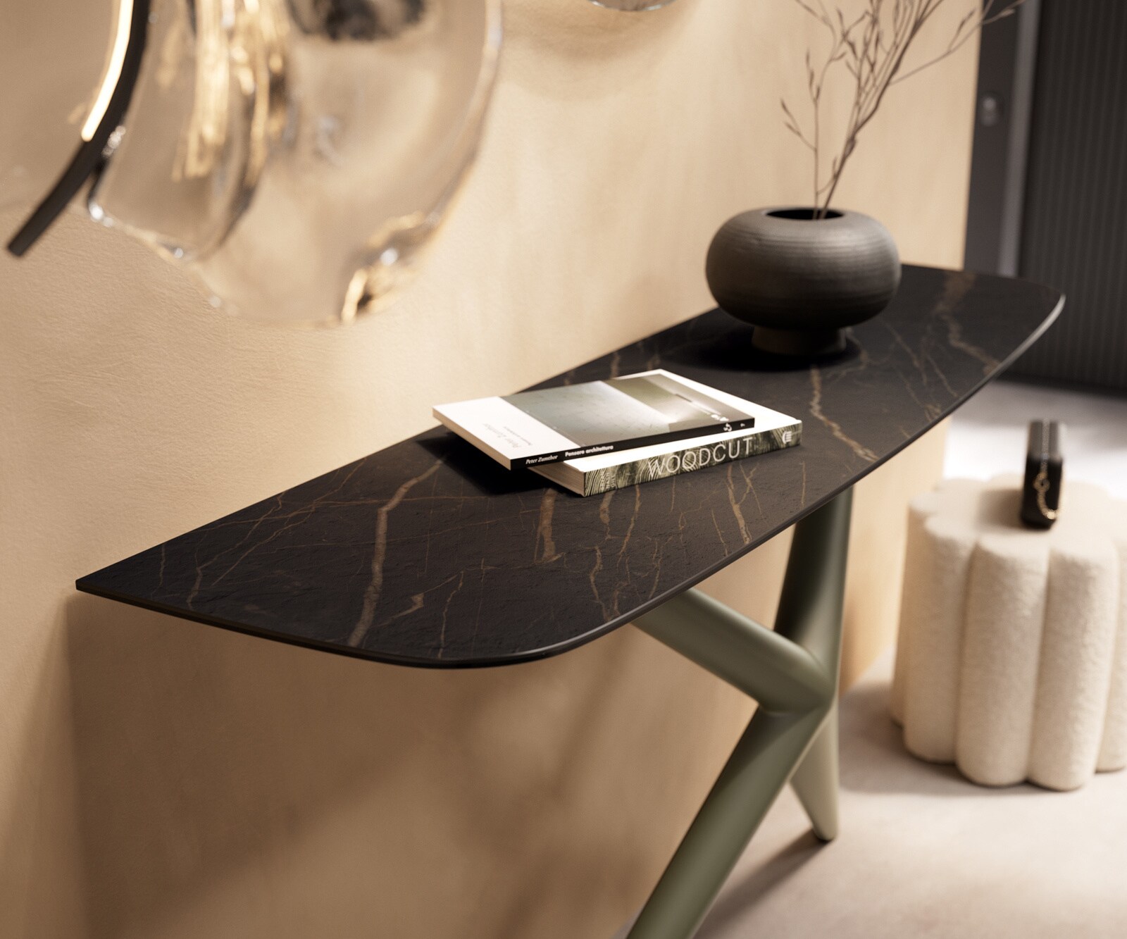Console Edge forme bateau 140x40 cm Céramique Laminam® Noir Desir Braun Estelo Métal Effektfinish Titan 6