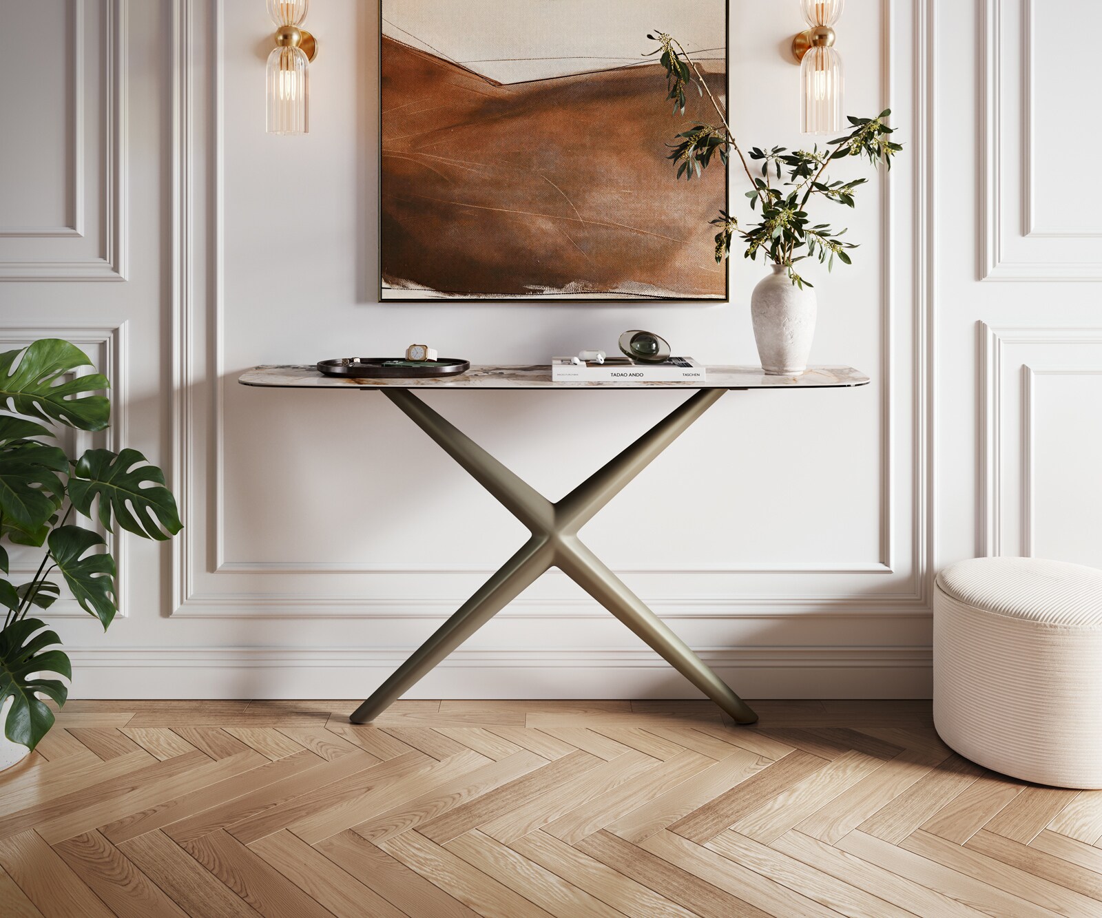 Console Edge forme bateau 140x40 cm Céramique Patagonia Poliert Estelo Métal Effektfinish Titan 1