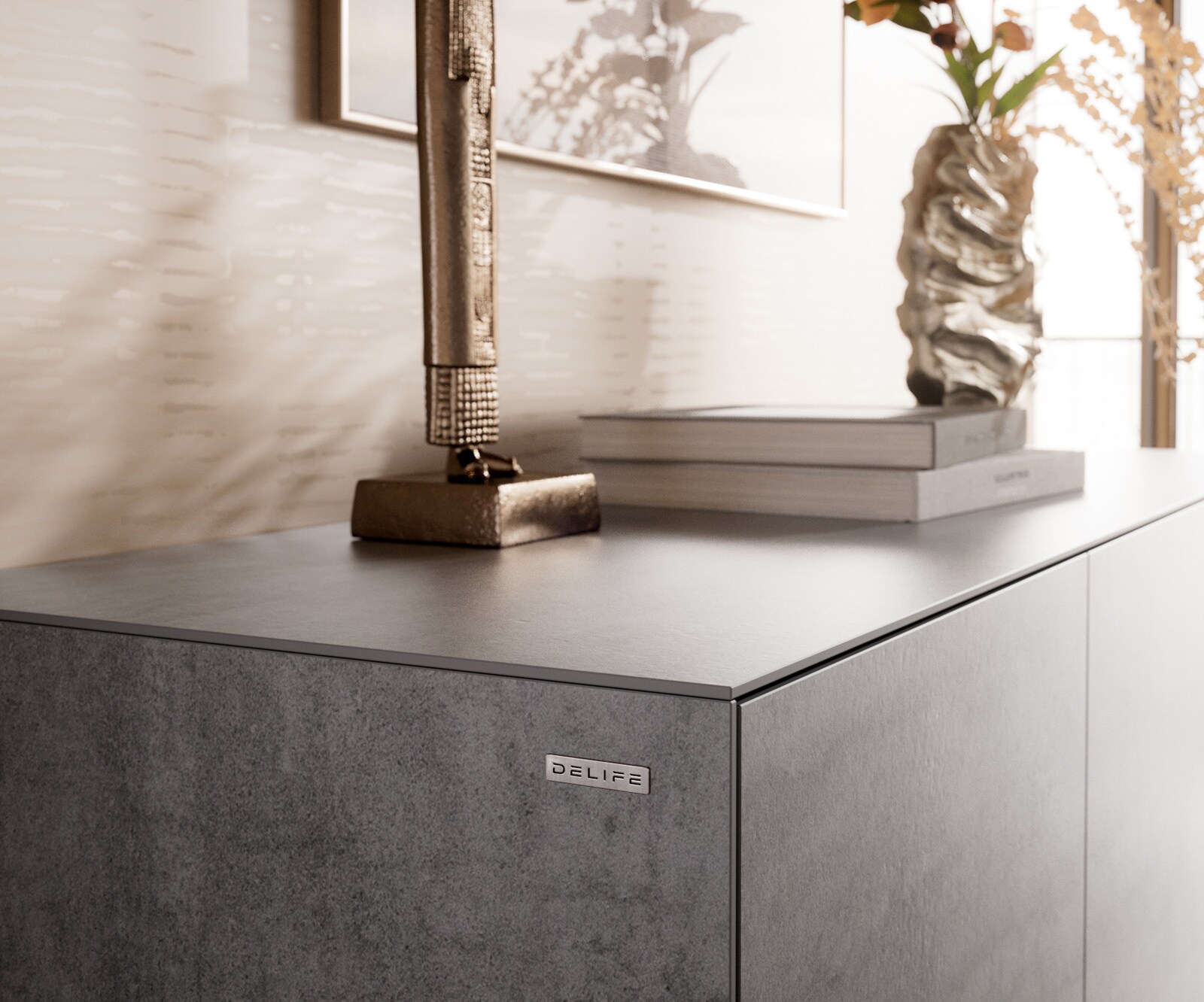 Buffet Cuor 150 cm Céramique Béton gris 3 Portes Pied optique flottant Métal Noir 6