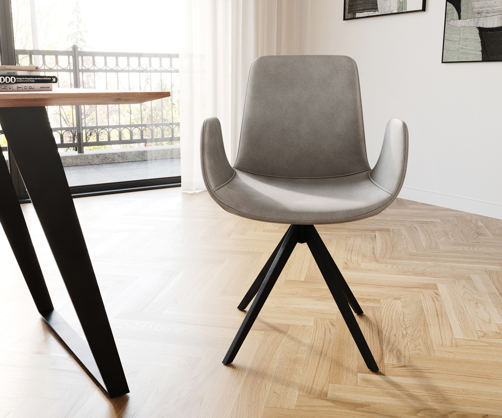 Chaise-de-salle-à-manger Ilia-Flex avec accoudoirs velours gris pied croisé angulaire noir 1 Chaise-de-salle-à-manger Ilia-Flex avec accoudoirs velours gris pied croisé angulaire noir 1