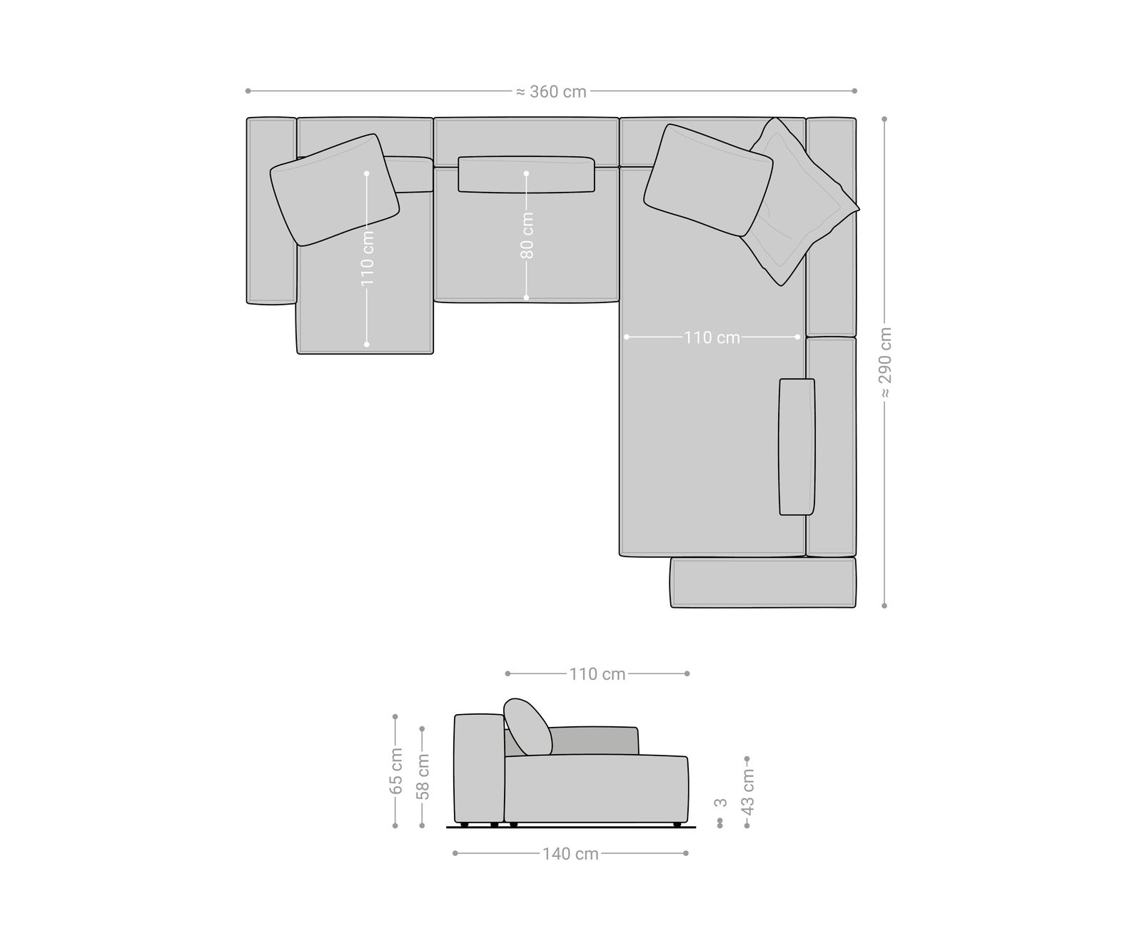 Canapé panoramique Freestyle 360x290 cm Tissu microfibre Taupe Vintage couture plate 6