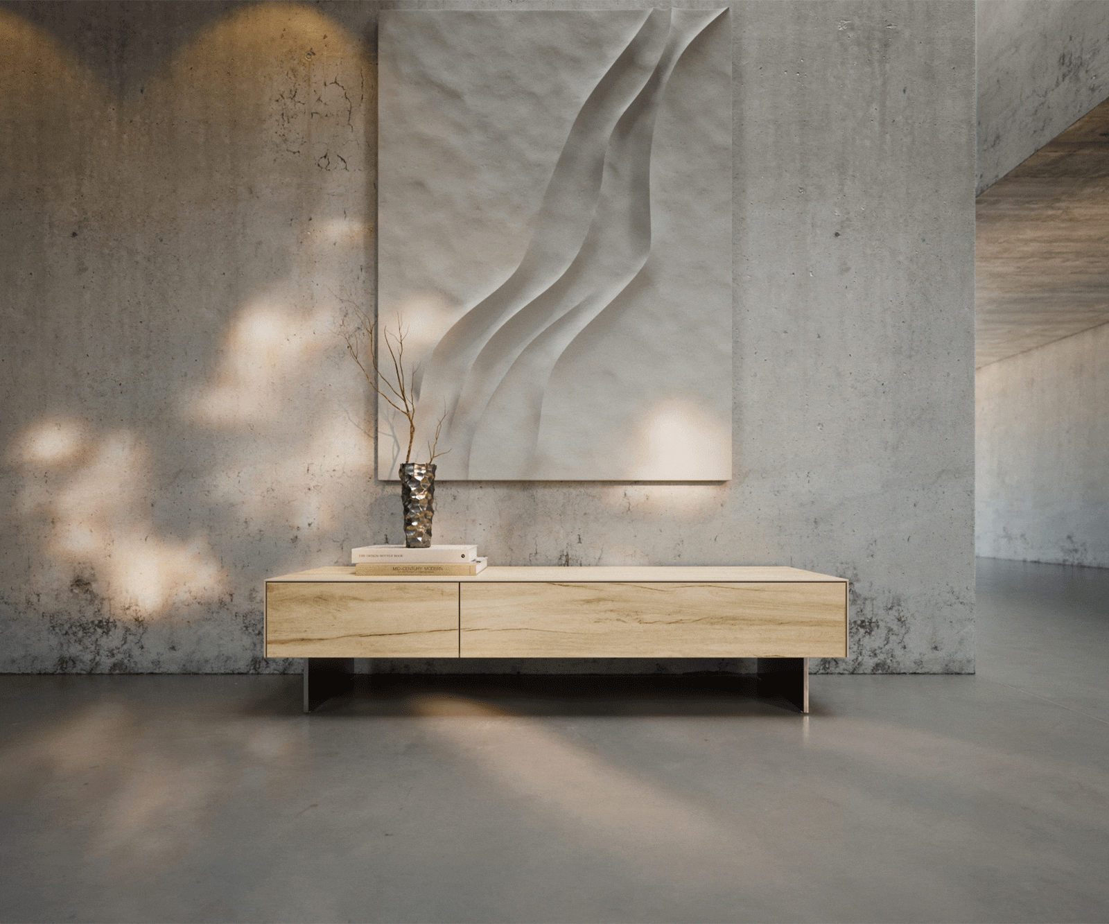 Meuble-TV Cuor 150 cm Céramique Laminam® Sabbia Teinte chêne 1 Clapet 1 Tiroir Pied optique flottant Ancier inoxydable 3