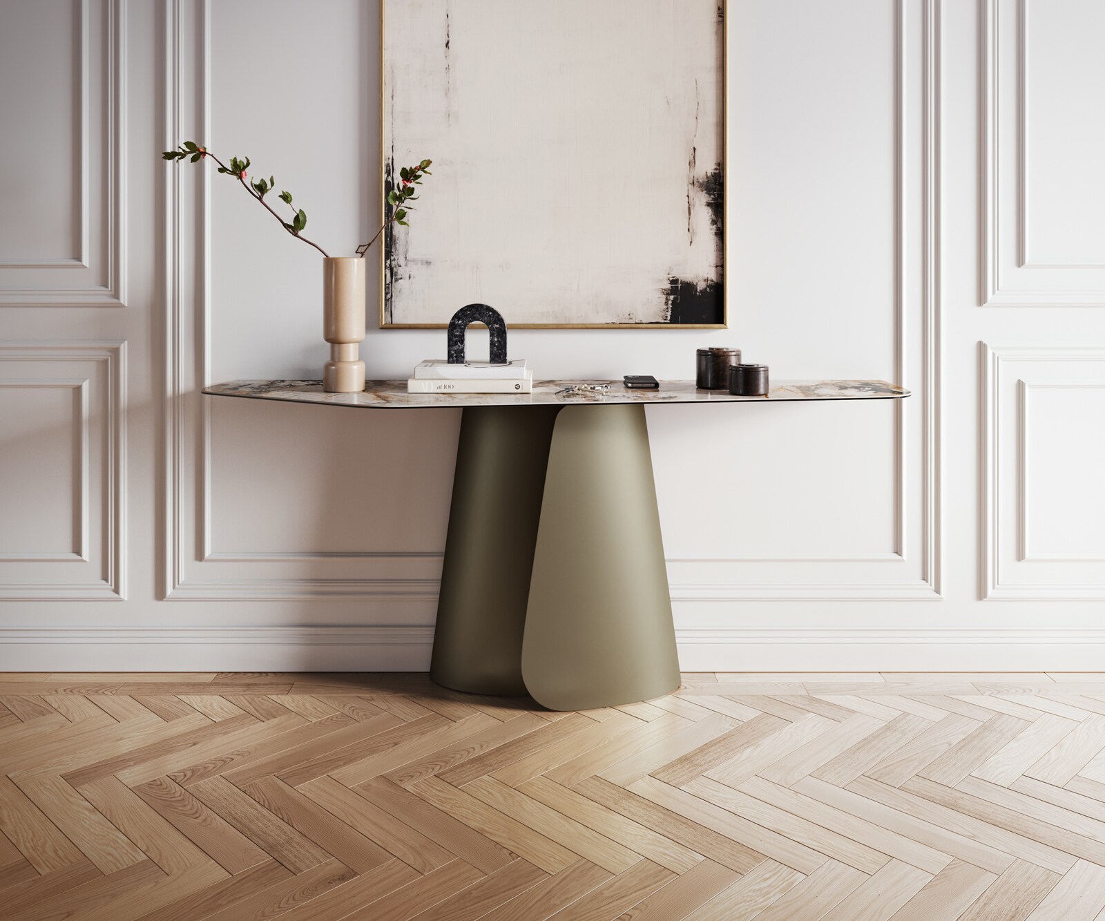 Console Edge Polygonal 180x50 cm Céramique Patagonia Poliert Livos Métal Effektfinish Titan 4