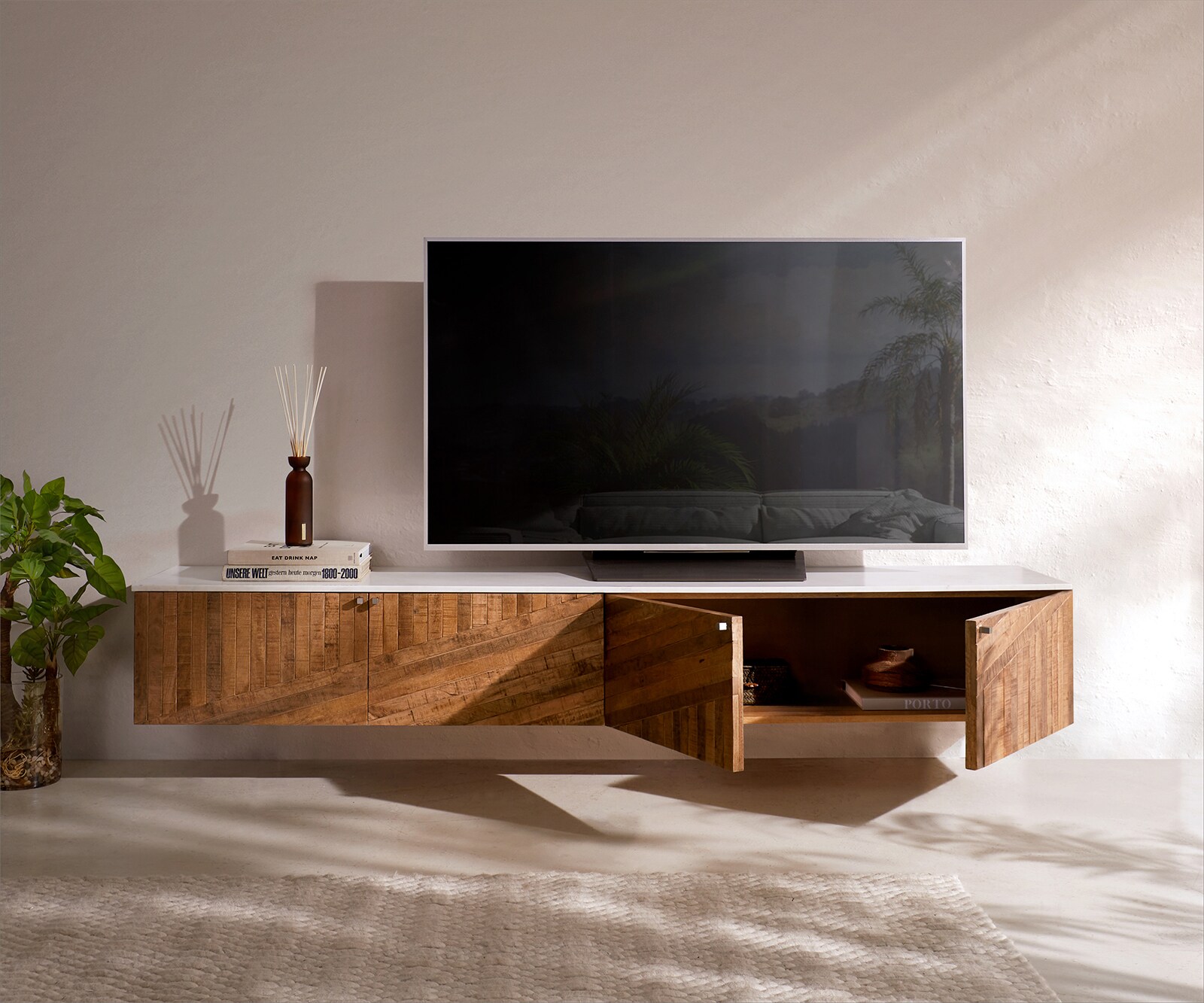 Meuble-TV Bahan 200 cm mangue teck 4 portes plateau marbre blanc flottant 3