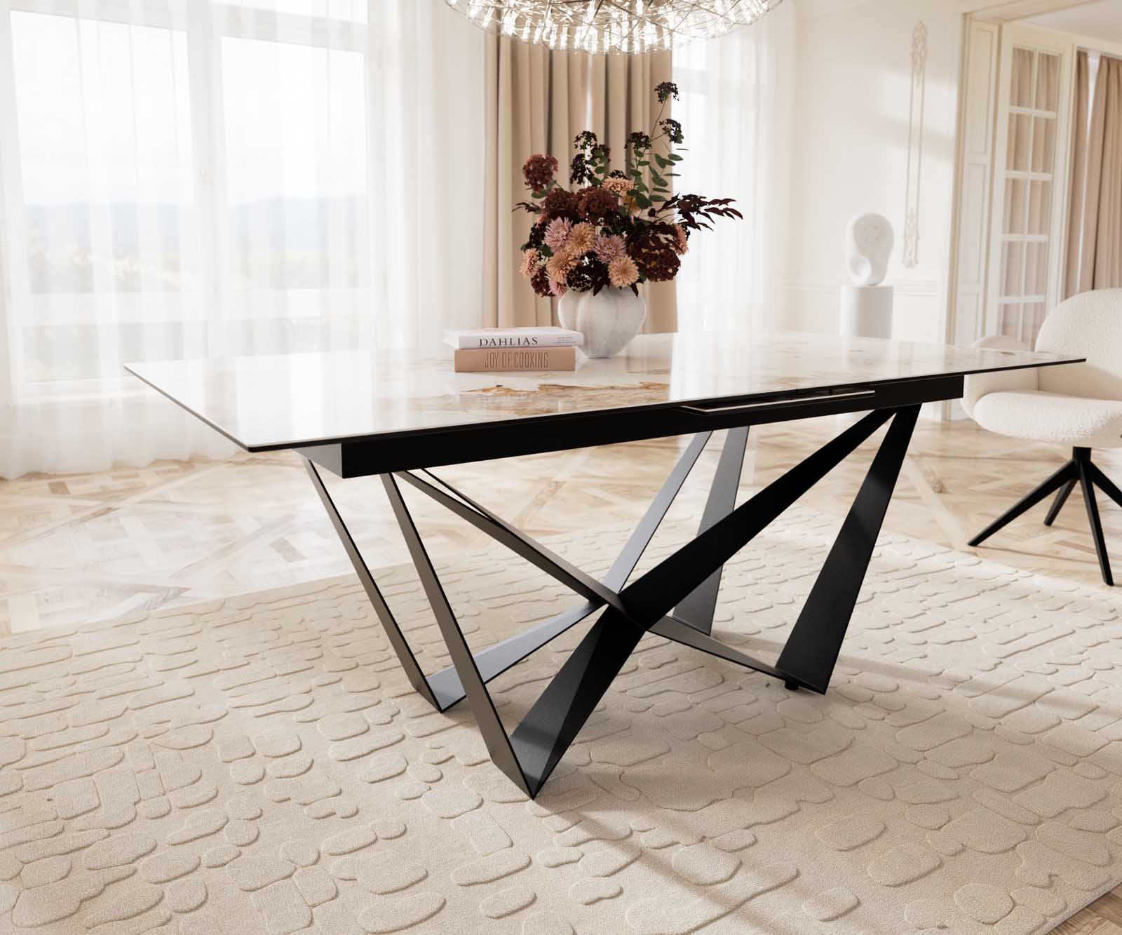 Table à manger Edge 180-220x100 céramique Minas mélange blanc-beige Spider acier plat noir extensible 6