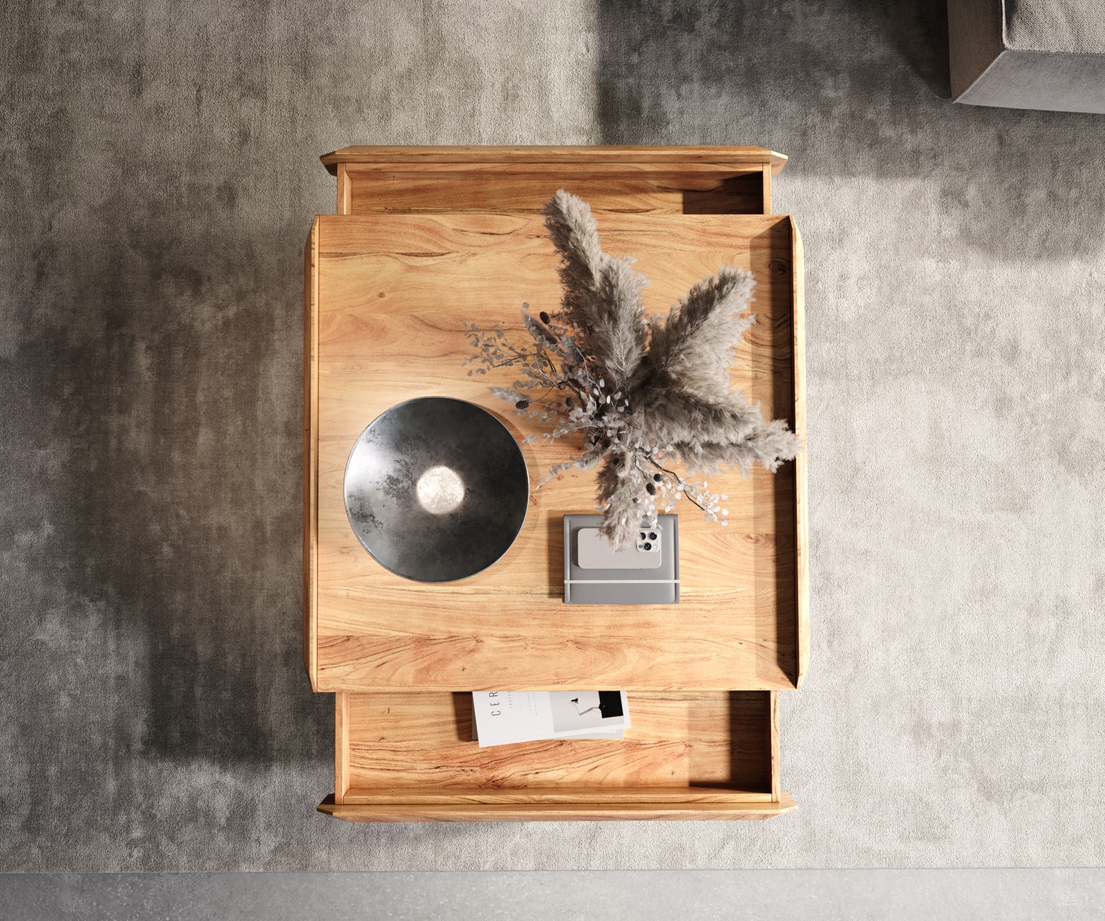 Table-basse Kiano 90x90 cm Acacia Nature 2 Tiroirs Pied en V Acier inoxydable 3 Table-basse Kiano 90x90 cm Acacia Nature 2 Tiroirs Pied en V Acier inoxydable 3