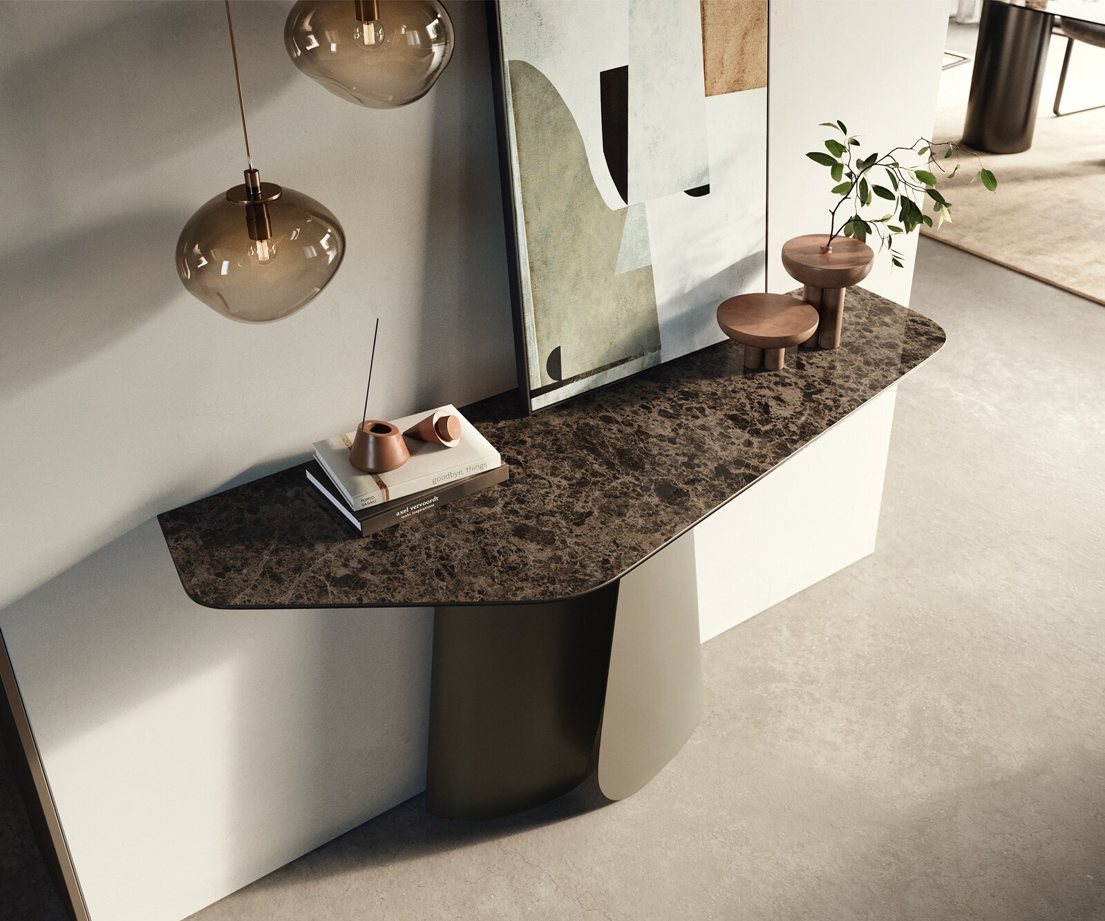 Console Edge Polygonal 140x50 cm Céramique Emperador Extra Lucidato Dunkelbraun Livos Métal Effektfinish Titan 1