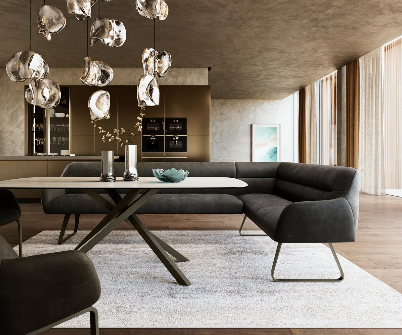 Banc-de-salle-à-manger Taya-Flex 285x190 cm microfibre antracite vintage châssis à patins plat titane ressort ensaché liens 2