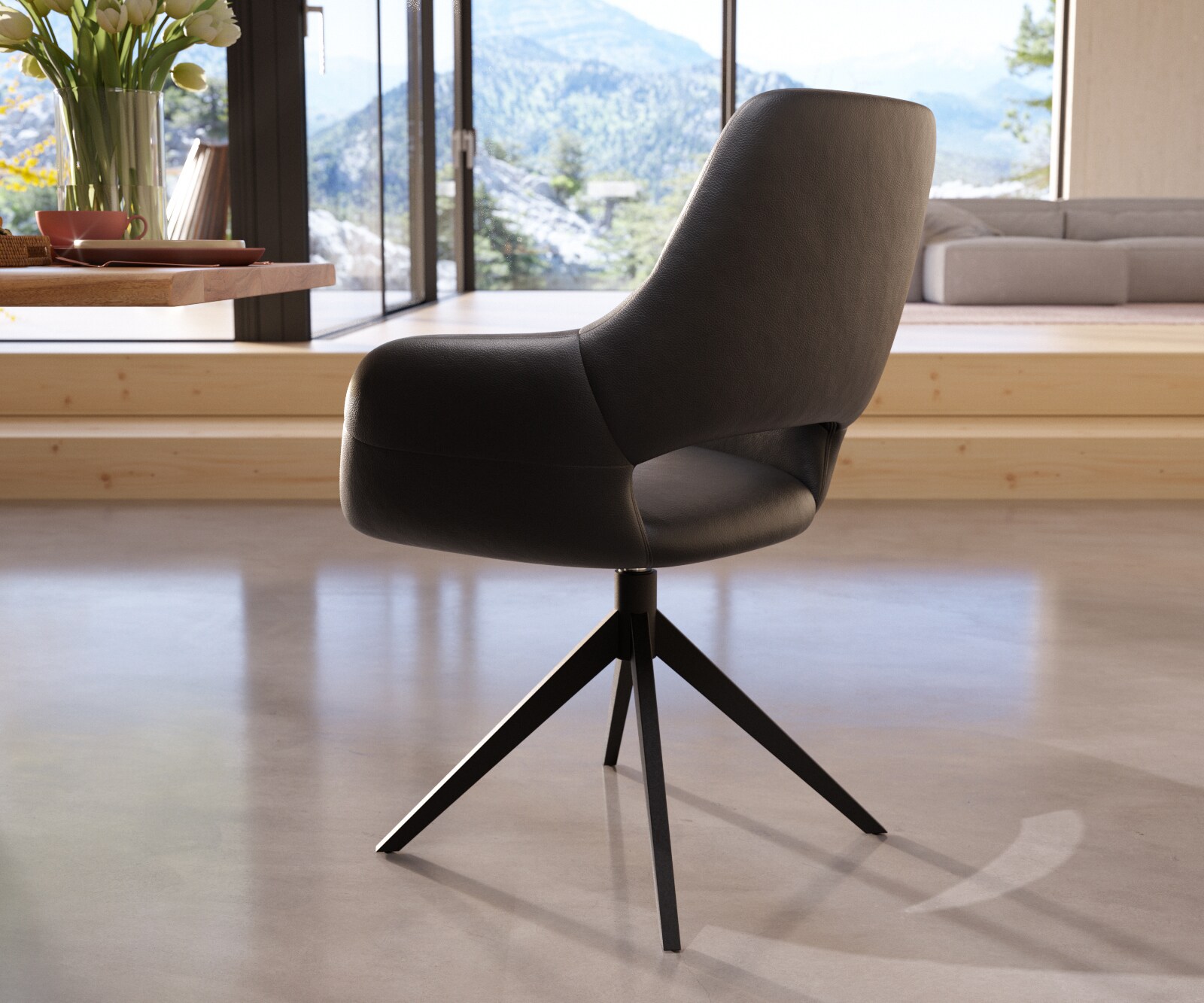 Chaise-de-salle-à-manger Yago-Flex avec accoudoirs cuir de vache noir pied croisé large noir ressorts ensachés 4 Chaise-de-salle-à-manger Yago-Flex avec accoudoirs cuir de vache noir pied croisé large noir ressorts ensachés 4