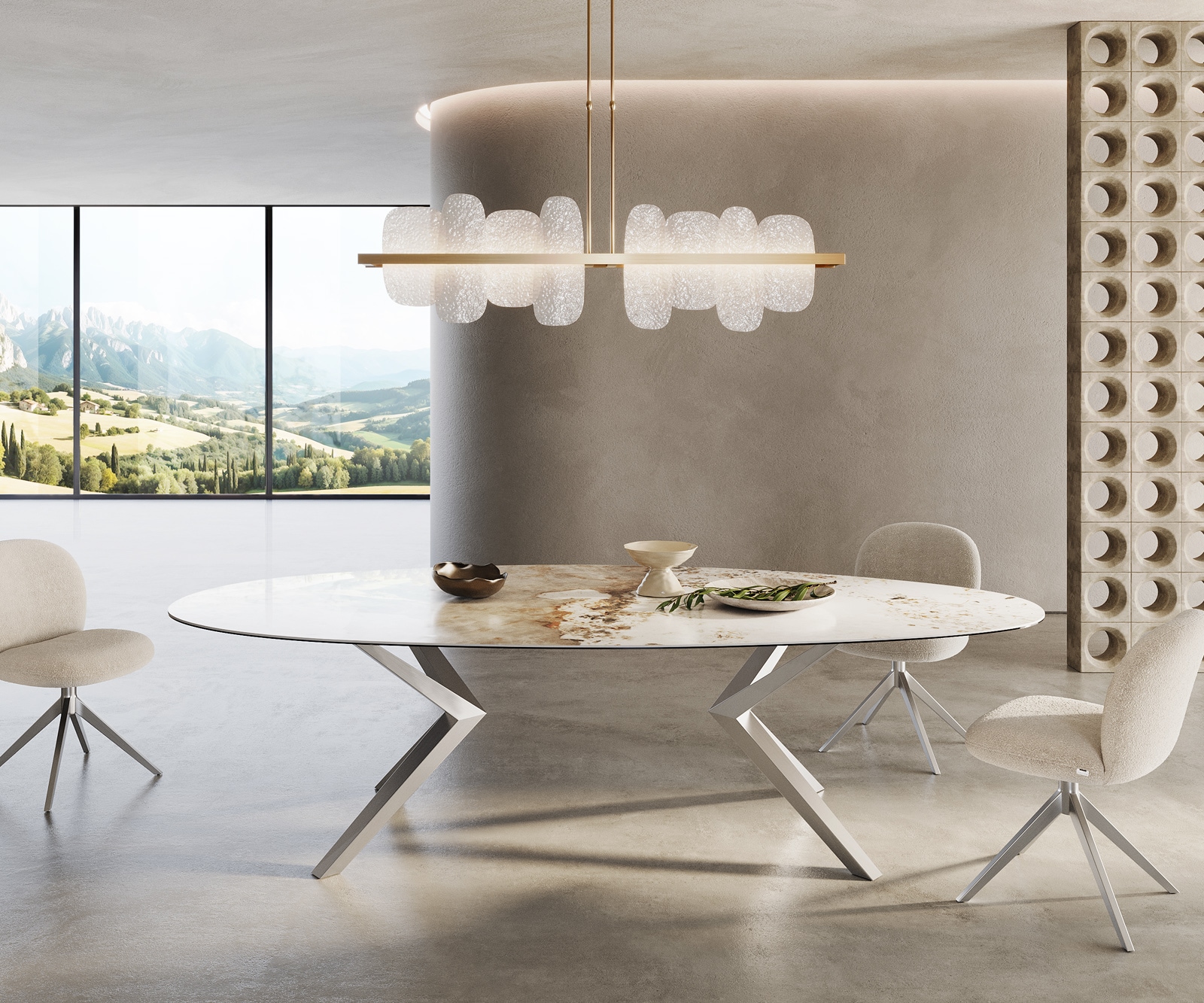 Table à manger Edge Ovale 280x130 Céramique Minas Melange Blanc-Beige Zenthara anguleux Acier inoxydable 1