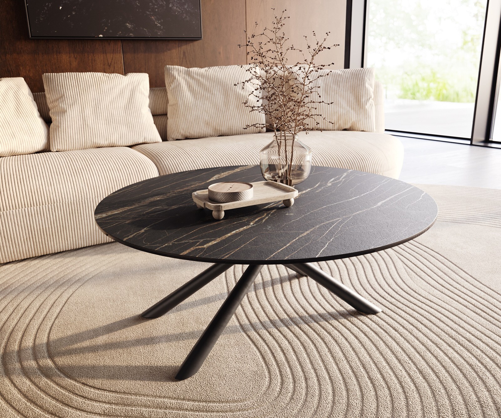 Table basse Edge rond 100x100 cm céramique Laminam® Noir Desir brun Sarity métal noir 1