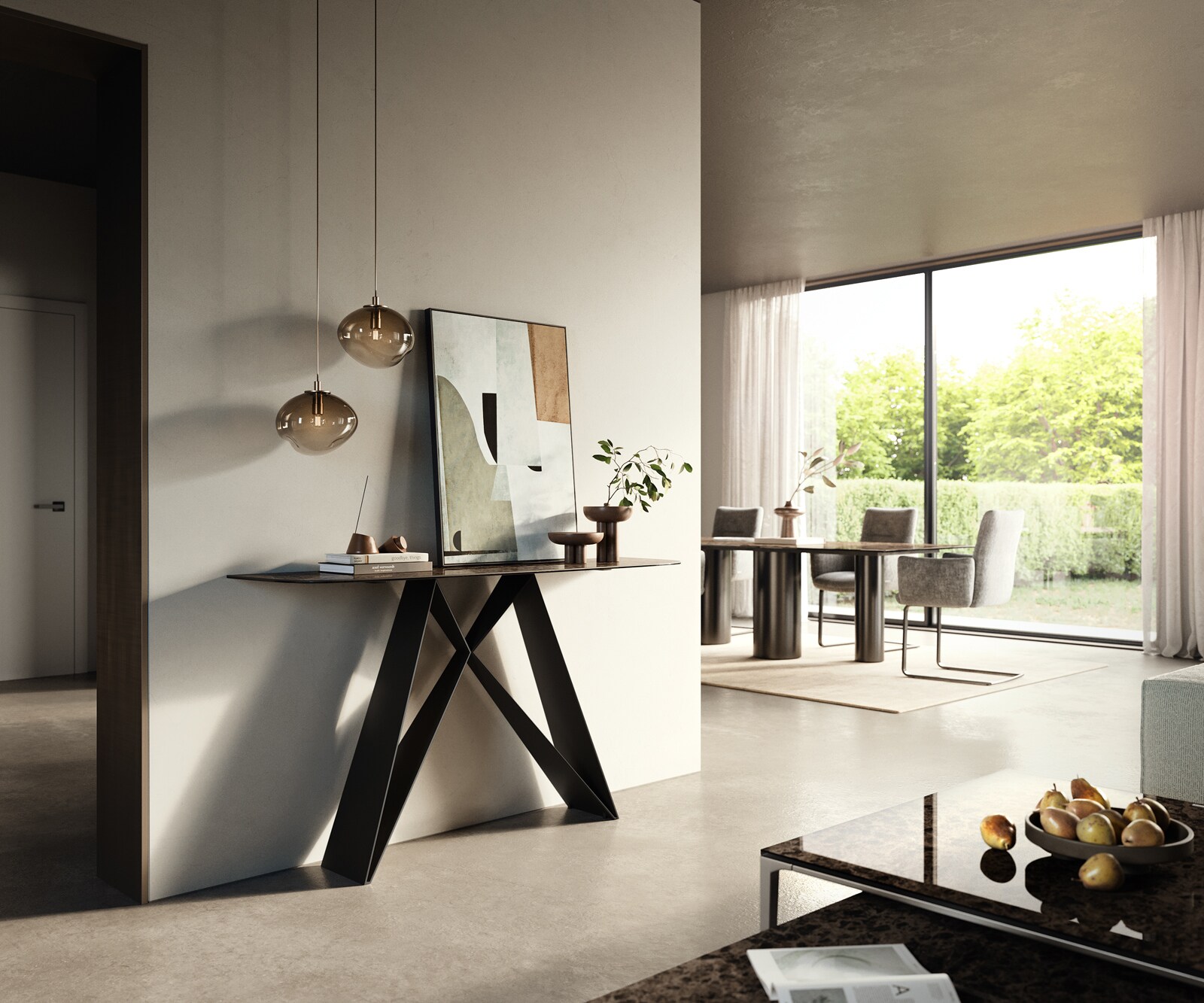 Console Edge forme bateau 140x40 cm Céramique Emperador Extra Lucidato Dunkelbraun Velio Métal Noir 6