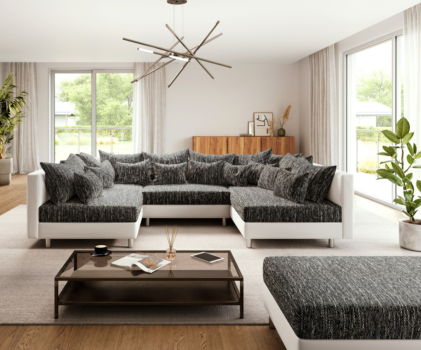 Canapé panoramique Clovis Blanc Noir modulable avec tabouret  2