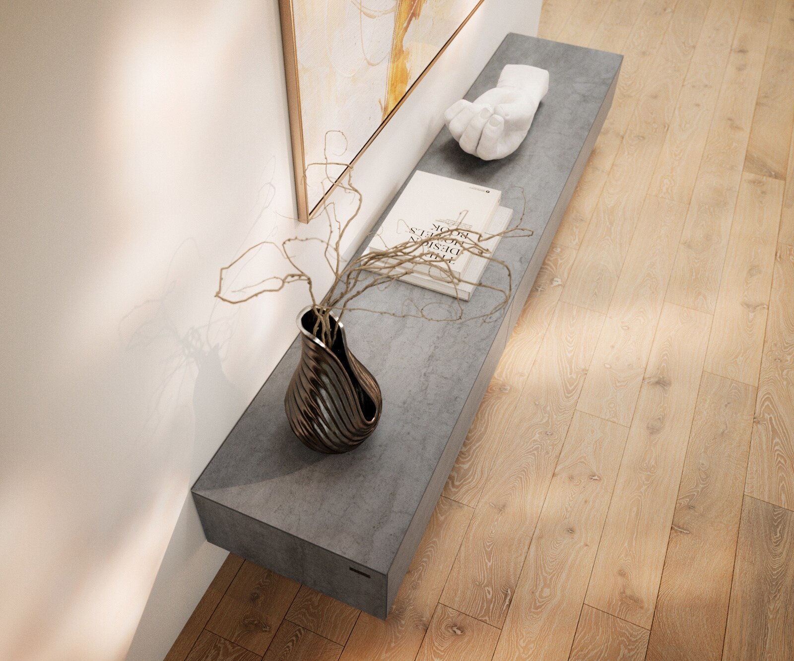 Meuble-TV Cuor 200 cm Céramique Béton gris 1 Clapet 1 Tiroir Pied optique flottant Ancier inoxydable 3