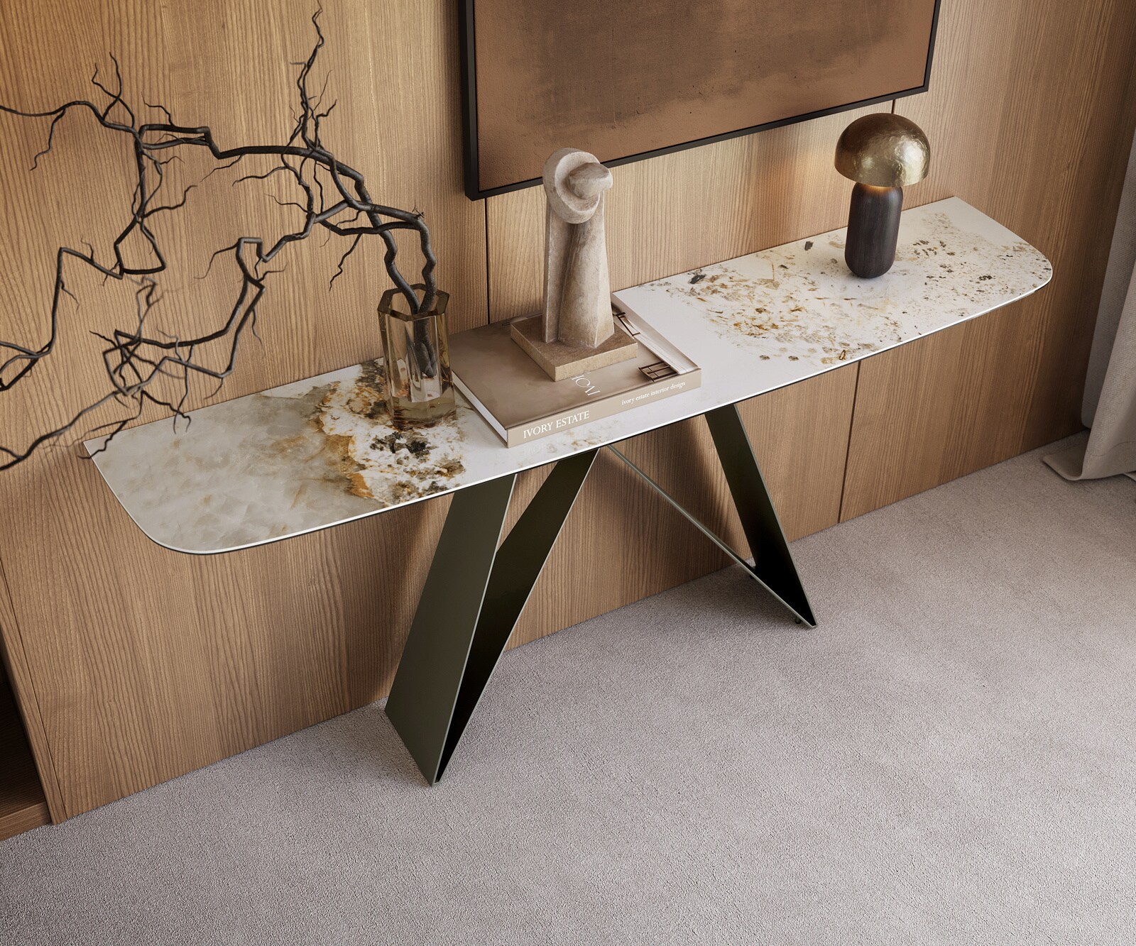 Console Edge forme bateau 180x40 cm Céramique Minas Melange Weiß-Beige Velio Métal Effektfinish Titan 2