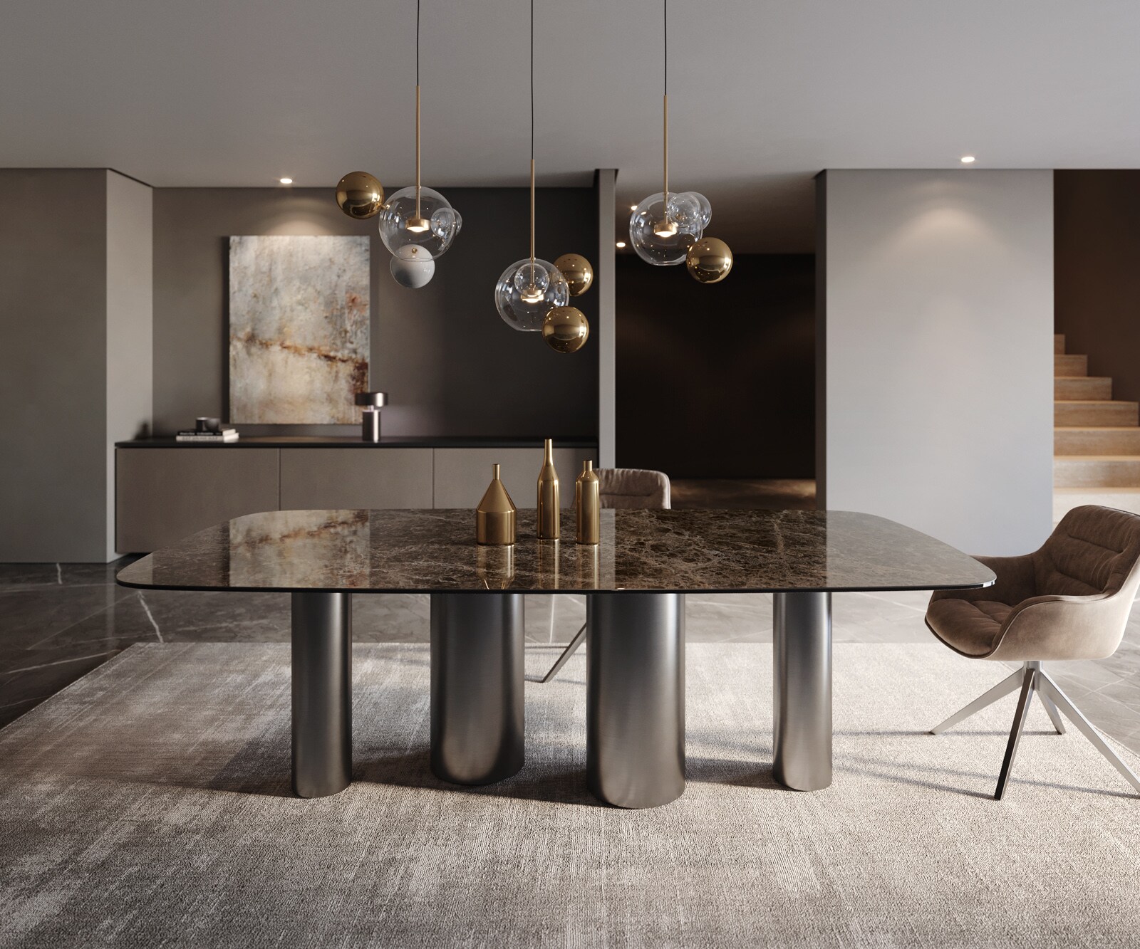 Table de salle à manger Edge Boot Céramique Emperador Extra Lucidato Brun foncé 240x120 Pilier Acier inoxydable Graphite 2
