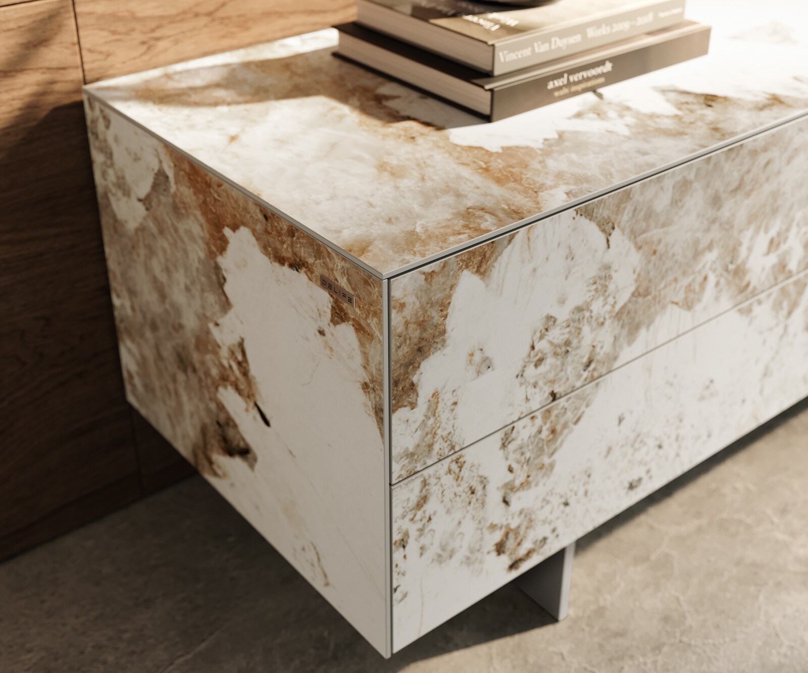 Meuble-TV Cuor 180 cm Céramique Minas Melange Blanc-beige 1 Clapet 2 Tiroirs Pied optique flottant Ancier inoxydable 5