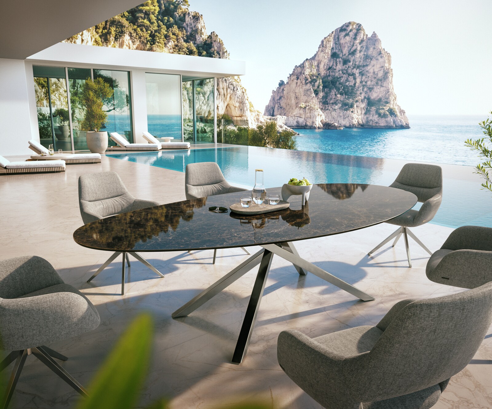 Table d’extérieur Edge Ovale 280x130 cm céramique Laminam® Emperador Extra Lucidato brun foncé piètement croisé rectangulaire en acier inoxydable 3