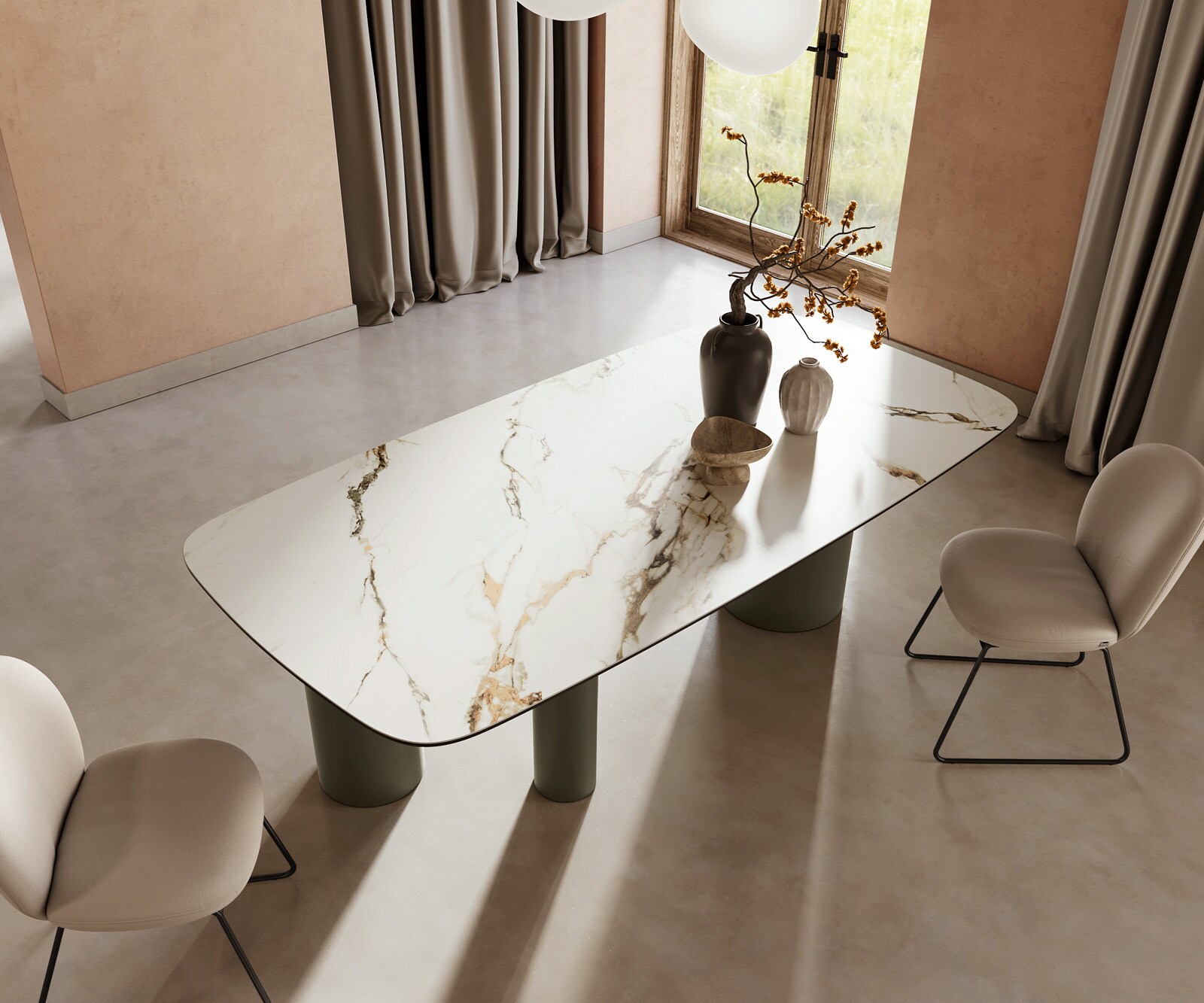 Table à manger Edge Boot 240x120cm céramique Calacatta Luxe blanc-doré-gris Troa métal effet titane 4
