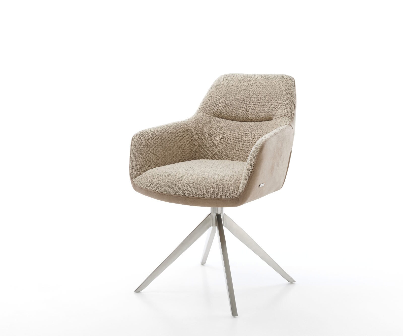Chaise-pivotante Pejo-Flex tissu mixte couleur boue pied croisé large acier inoxydable brossé pivotement sur 360° fonction bascule ressorts ensachés