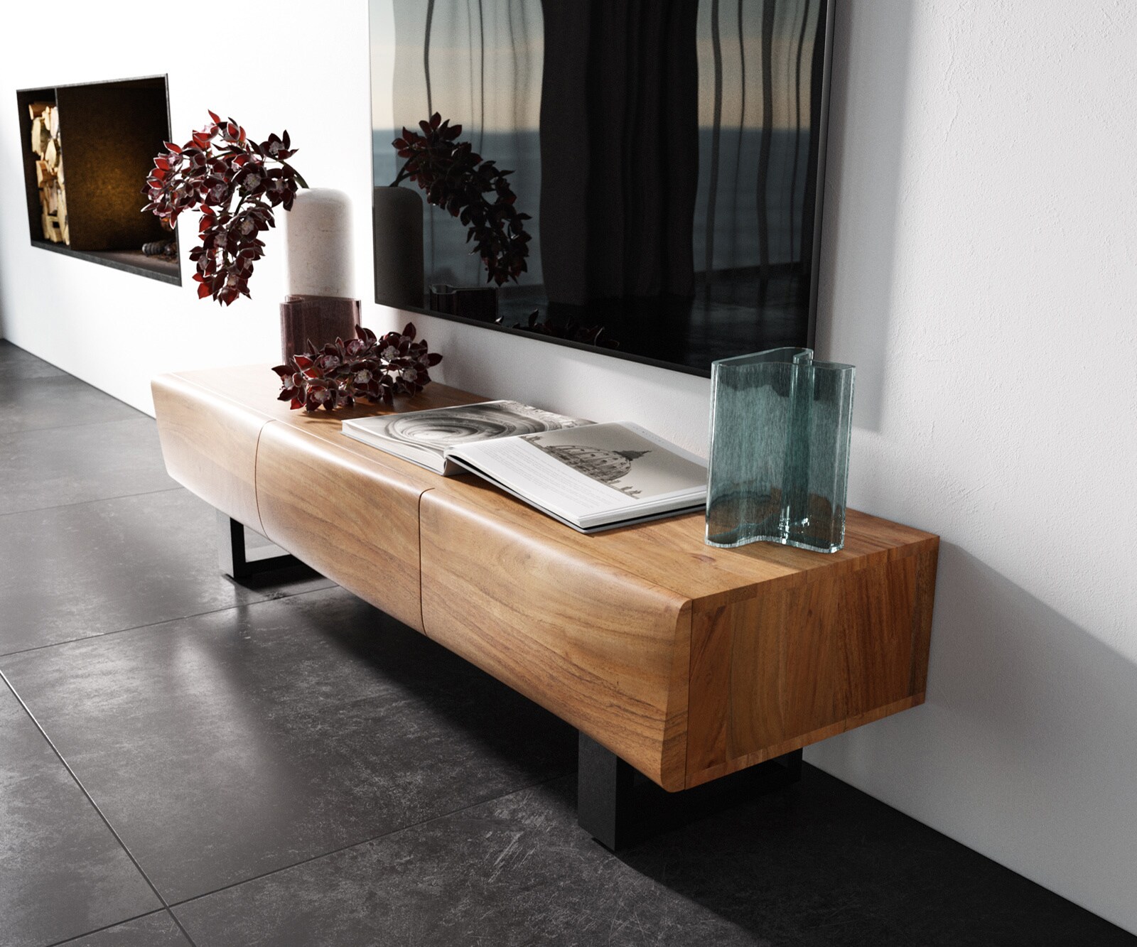 Meuble - TV New Live-Edge 145 cm acacia naturel 3 portes patin métal noir 1