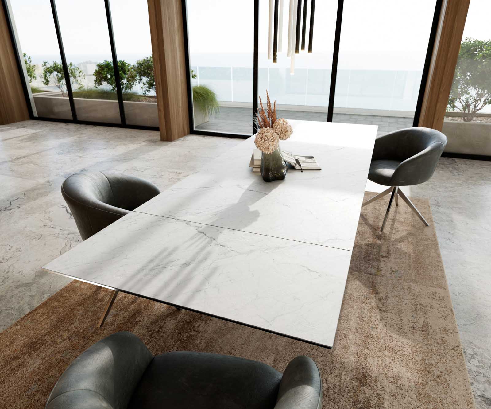 Table à manger Edge 200-300x100 céramique Laminam®Statuarietto blanc Wave acier inoxydable extensible 6