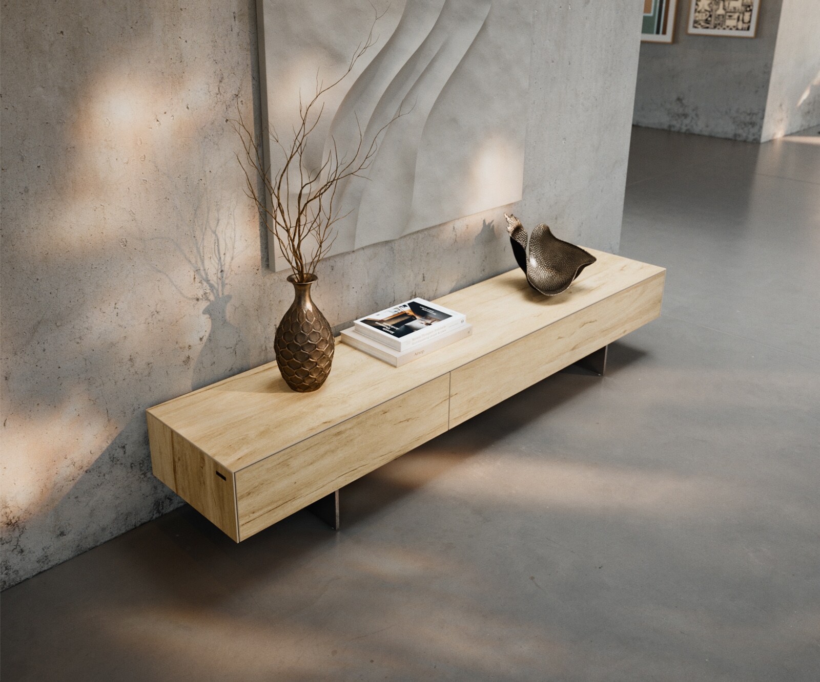 Meuble-TV Cuor 200 cm Céramique Laminam® Sabbia Teinte chêne 1 Clapet 1 Tiroir Pied optique flottant Ancier inoxydable 3