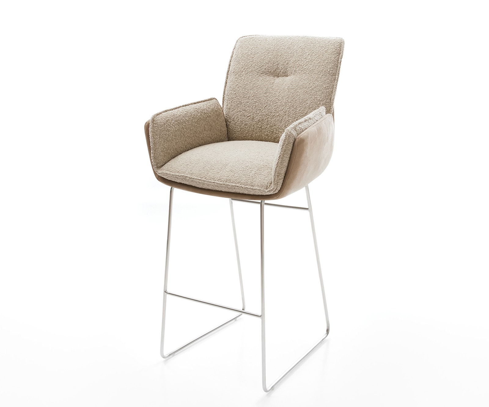 Chaise-de-bar Nela-Flex mélange de matériaux boue piétement traîneau acier inoxydable ressorts ensachés Chaise-de-bar Nela-Flex mélange de matériaux boue piétement traîneau acier inoxydable ressorts ensachés