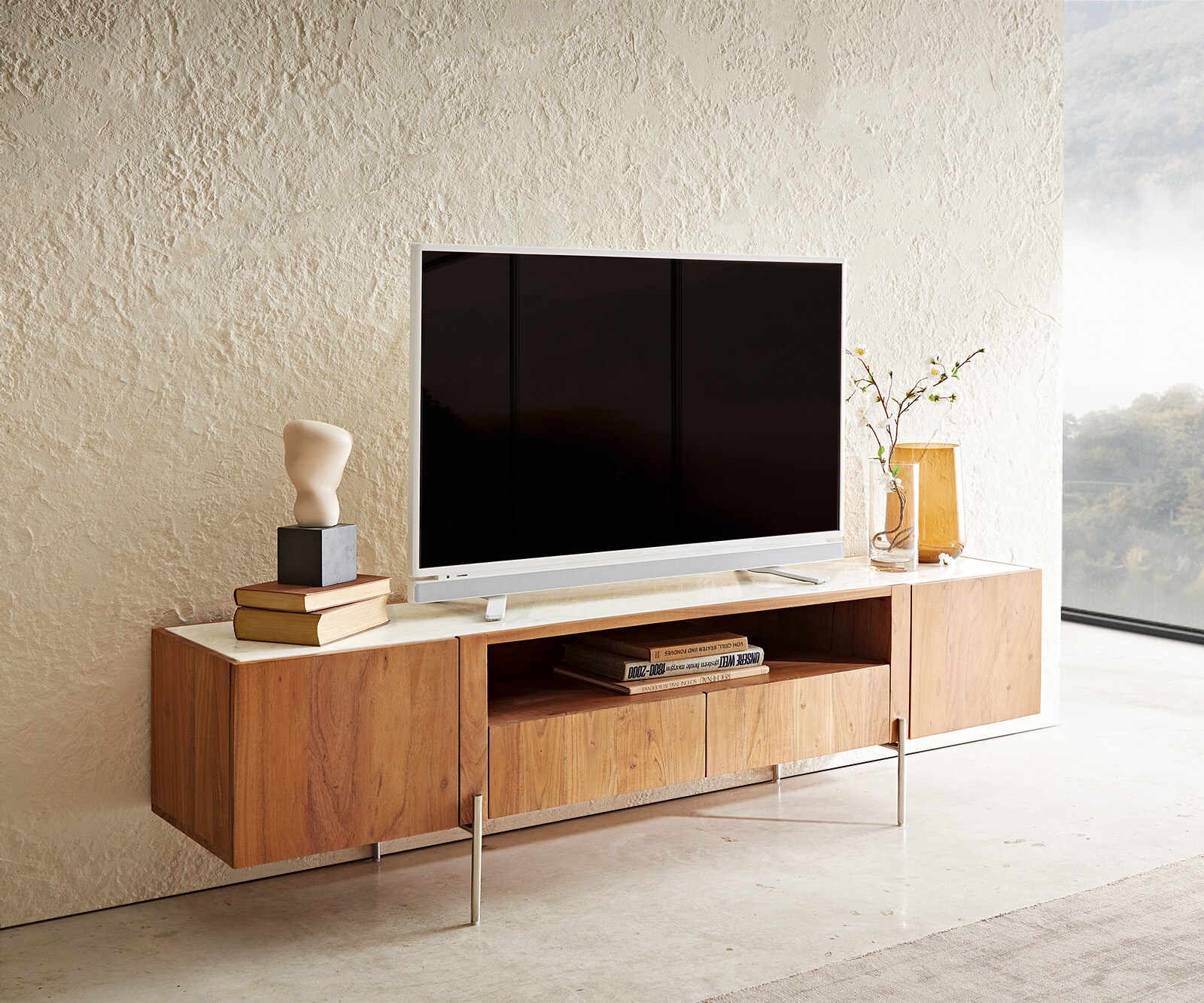 Buffet-bas Secara acacia plaque de marbre blanc 3