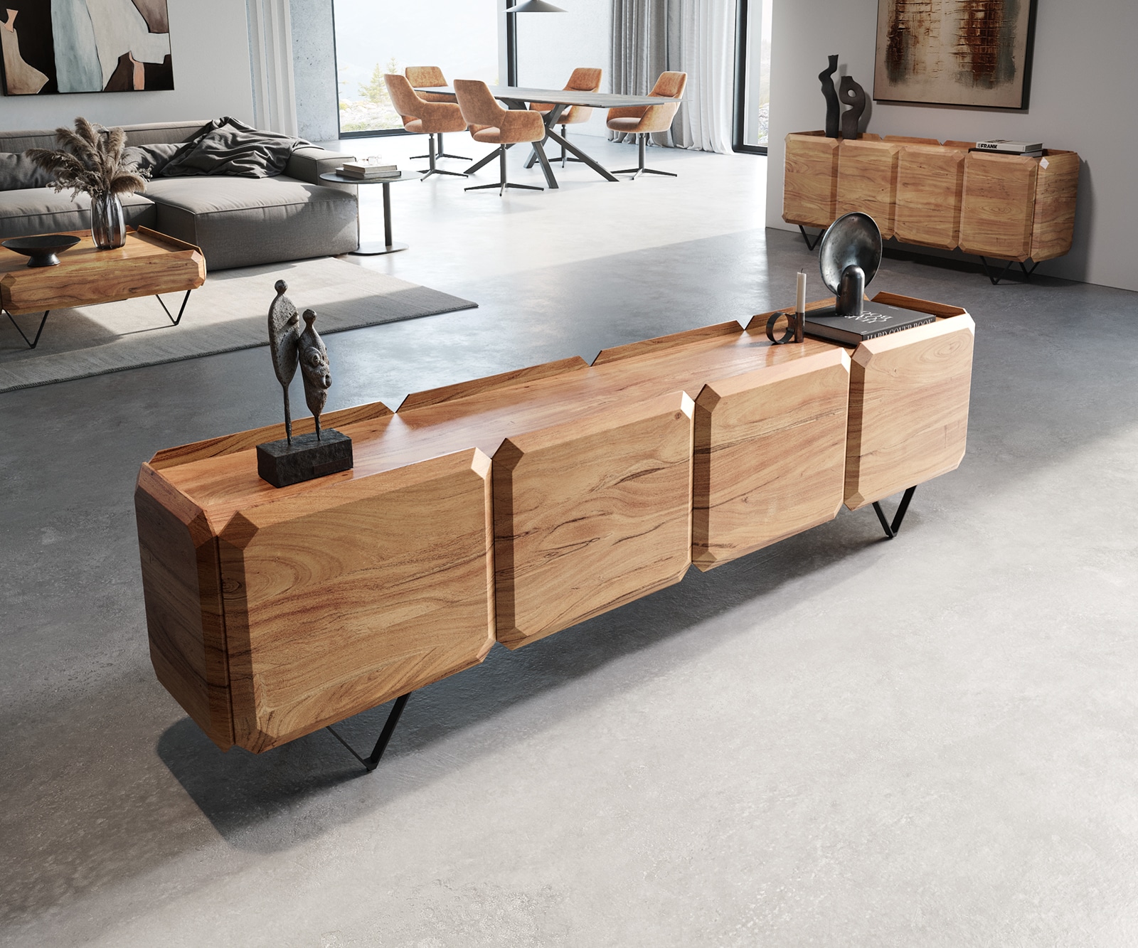 Meuble-bas Kiano 220 cm Acacia Nature 4 Portes Pied en V Noir Séparateur de pièce Meuble-bas Kiano 220 cm Acacia Nature 4 Portes Pied en V Noir Séparateur de pièce