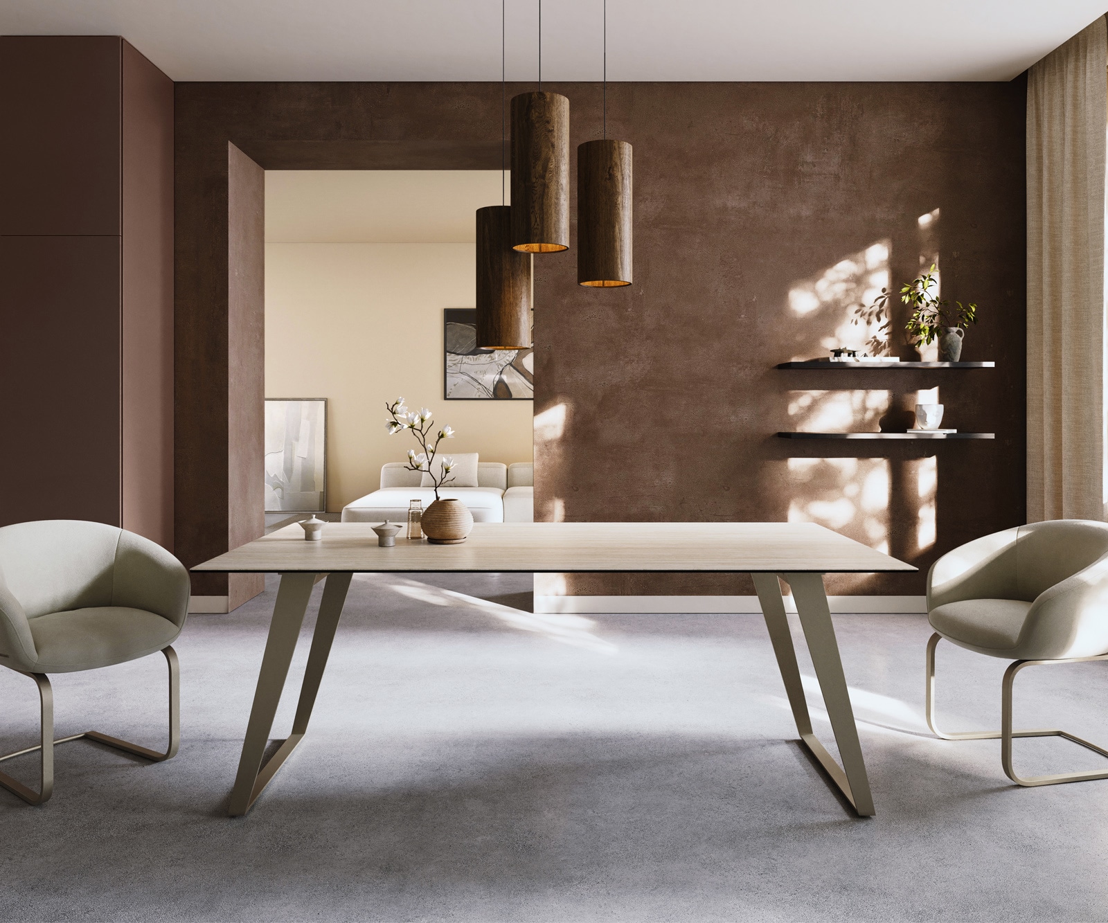 Table à manger Edge 200x100 céramique Laminam® Travertino Bianco crème-blanc métal incliné effet finition titanee