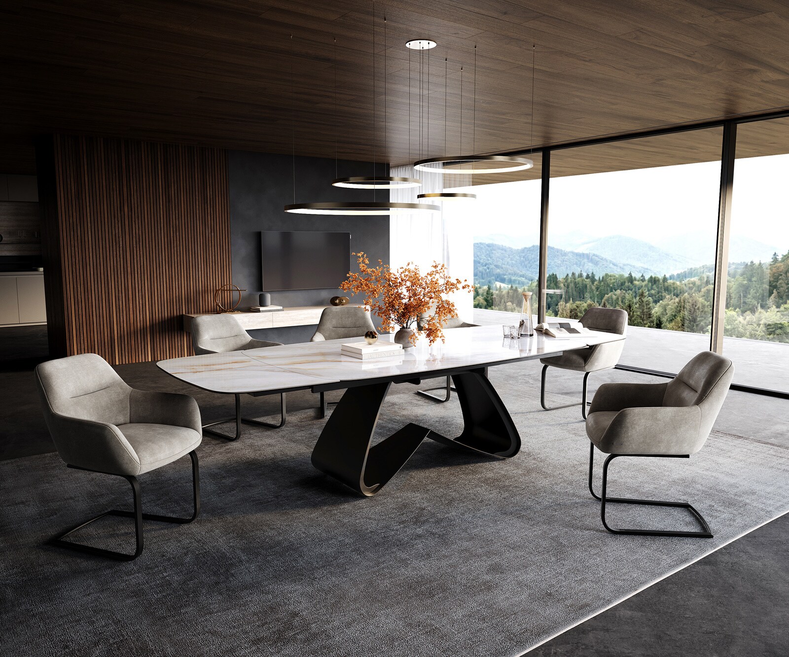 Table à manger Edge Boot 200-300x120 cm Céramique Onyx Pearl piètement en W Métal Noir extensible 7