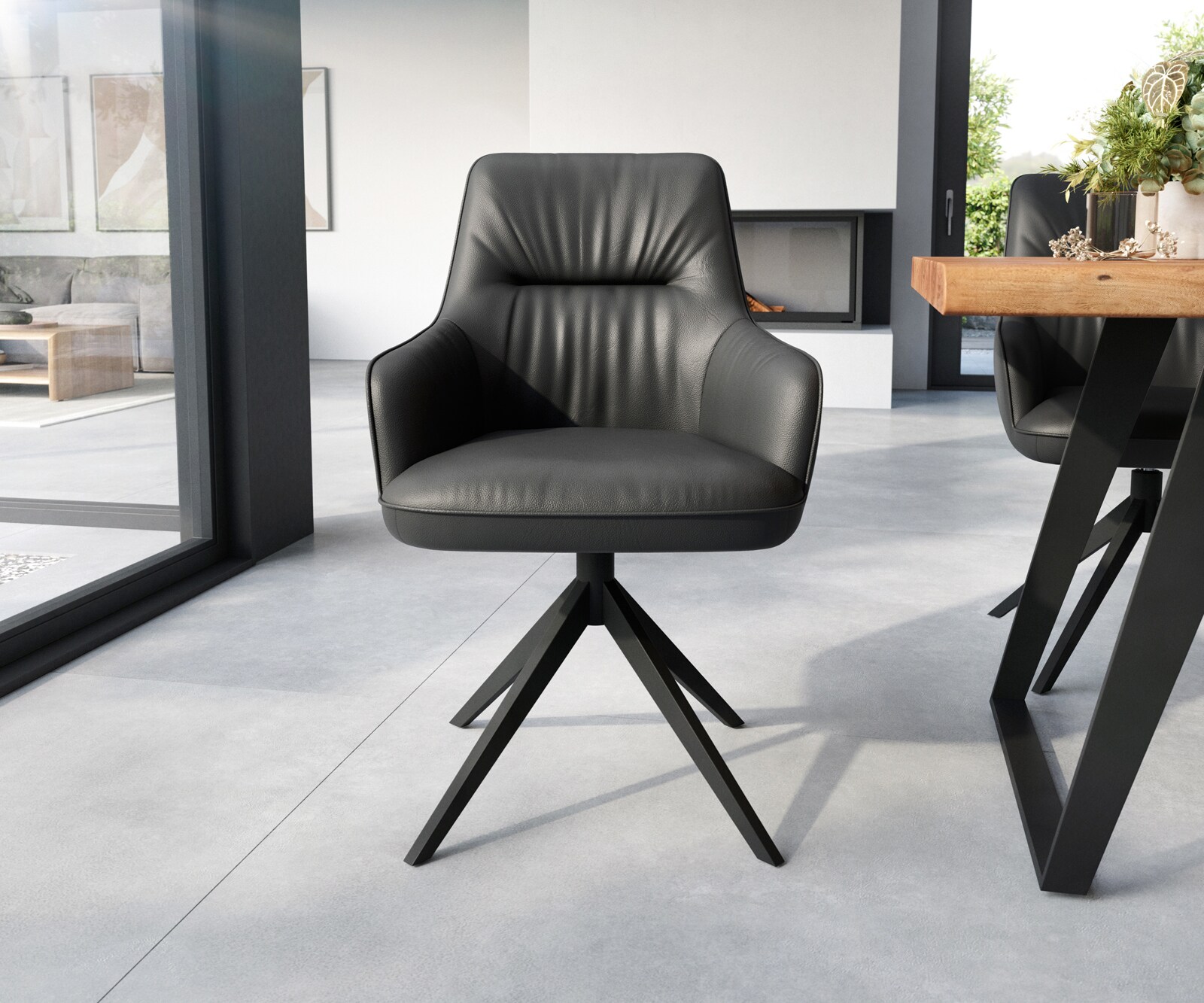 Chaise-de-salle-à-manger Zelia-Flex avec accoudoirs cuir de vache noir pied croisé large noir ressorts ensachés 1